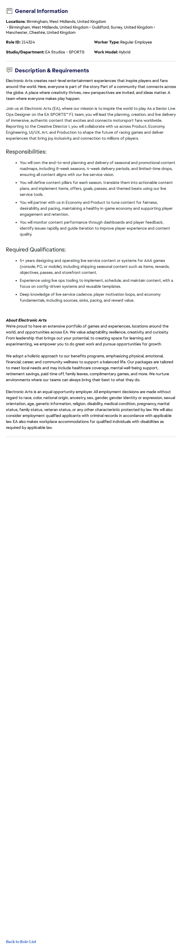 ElectronicArts Senior Live Ops Designer - EA Sports 채용공고