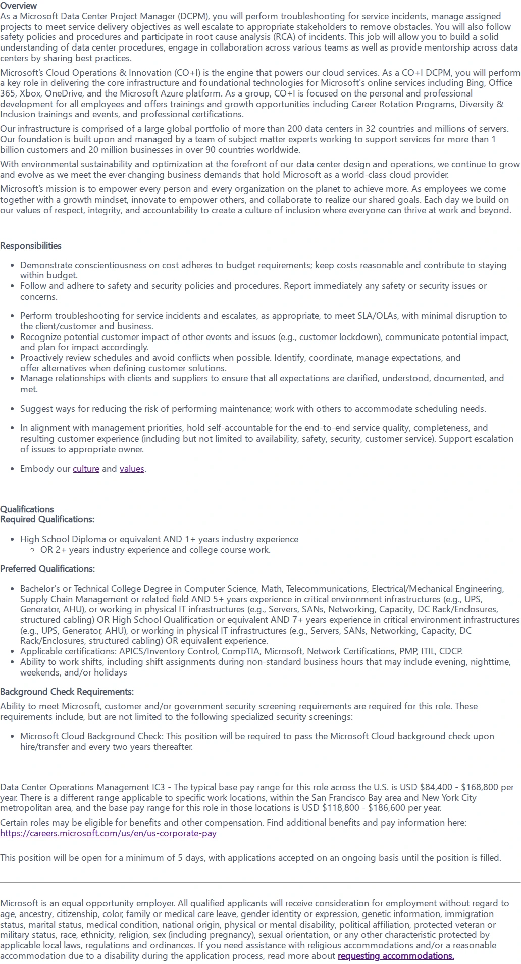 마이크로소프트(Microsoft) Data Center Program Manager 채용공고