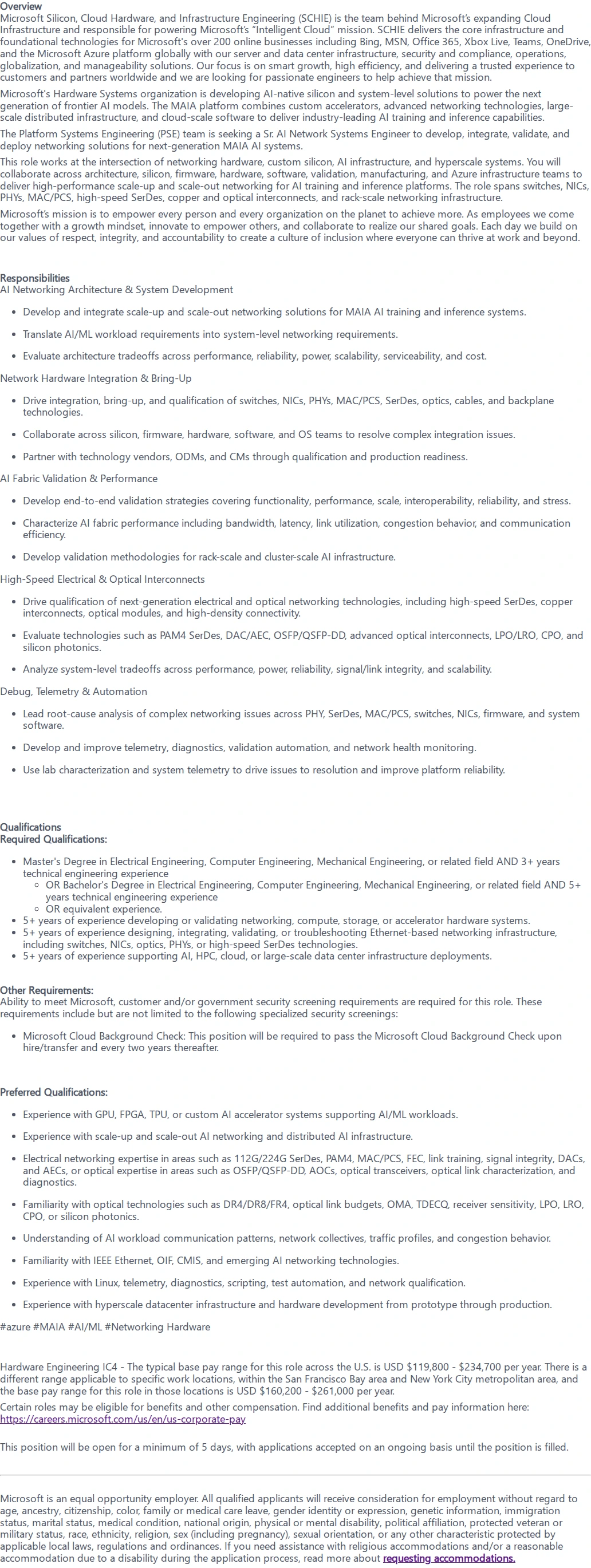 마이크로소프트(Microsoft) Senior Network HW System Engineer 채용공고