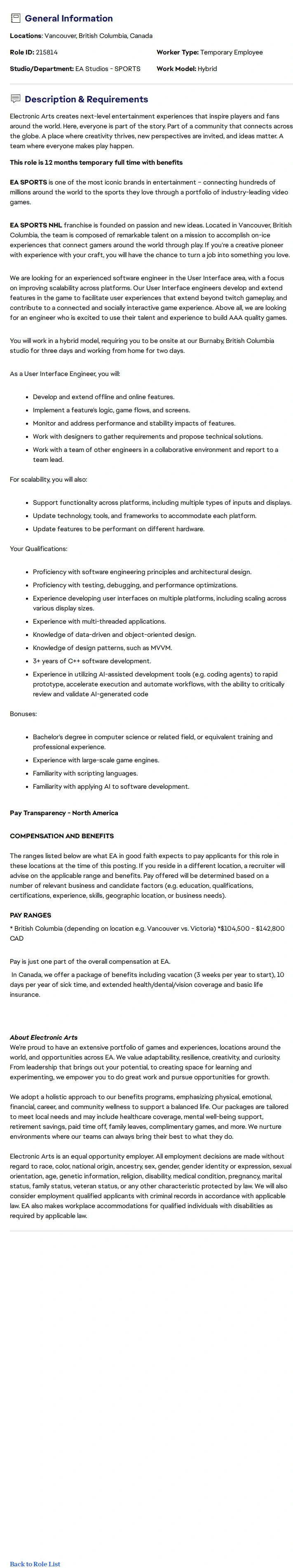 ElectronicArts UI Software Engineer - EA SPORTS™ NHL 채용공고