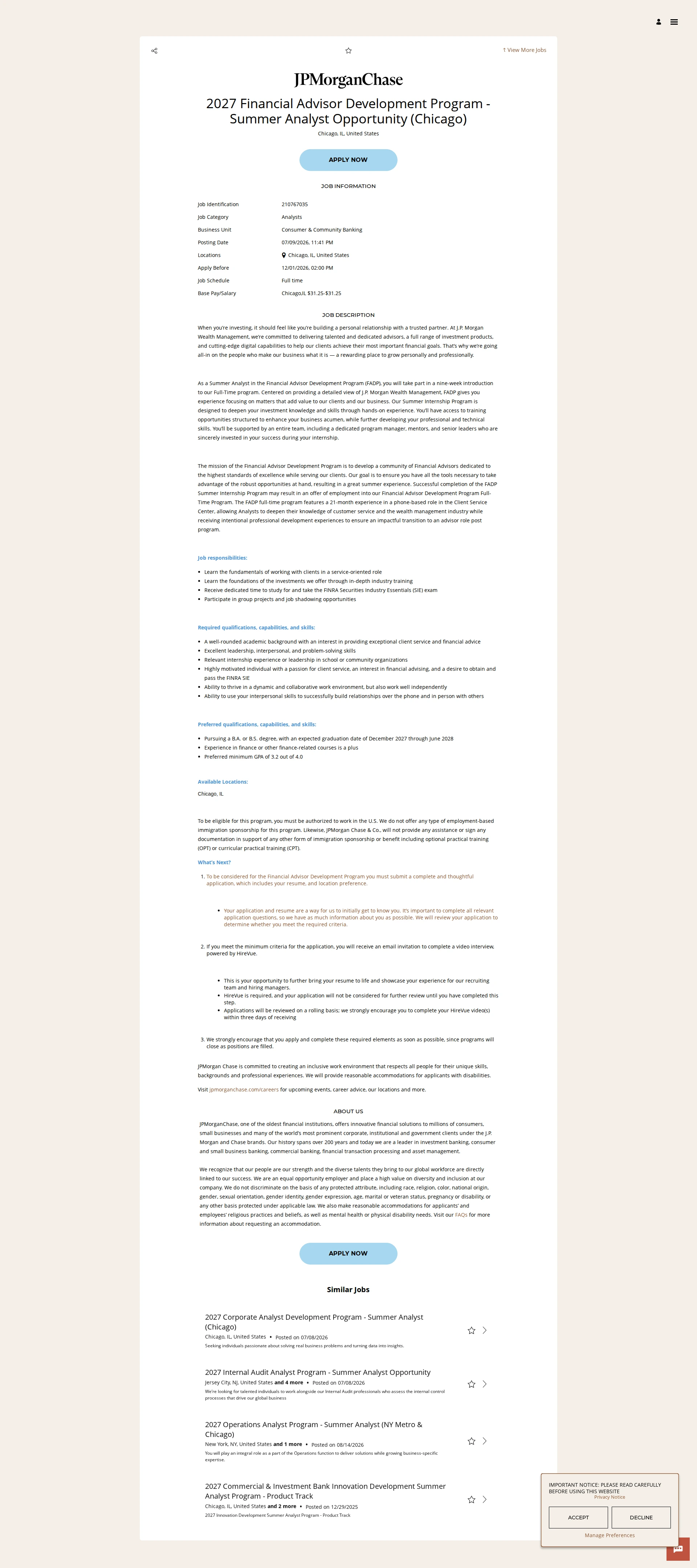 JPMorganChase 2027 Financial Advisor Development Program - Summer Analyst Opportunity (Chicago) 채용공고