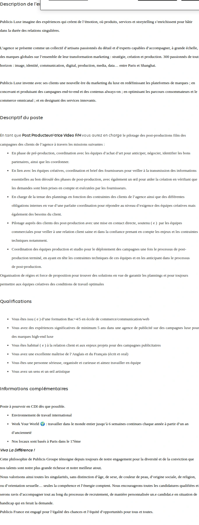 Publicis Groupe Post-producteur/-trice video F/H 채용공고