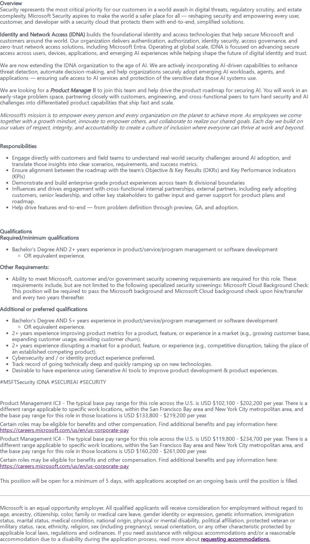 마이크로소프트(Microsoft) Product Manager II- Security IDNA 채용공고