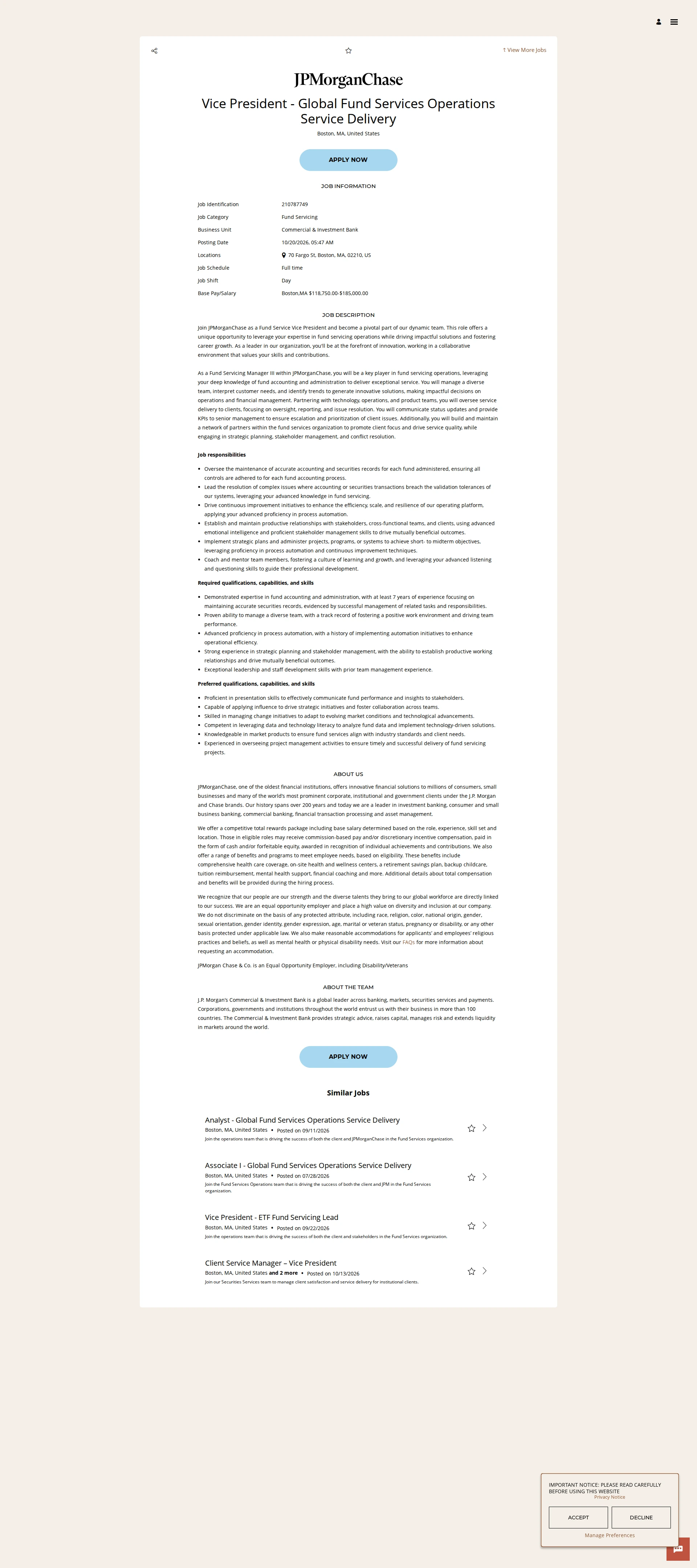 JPMorganChase Vice President - Global Fund Services Operations Service Delivery 채용공고