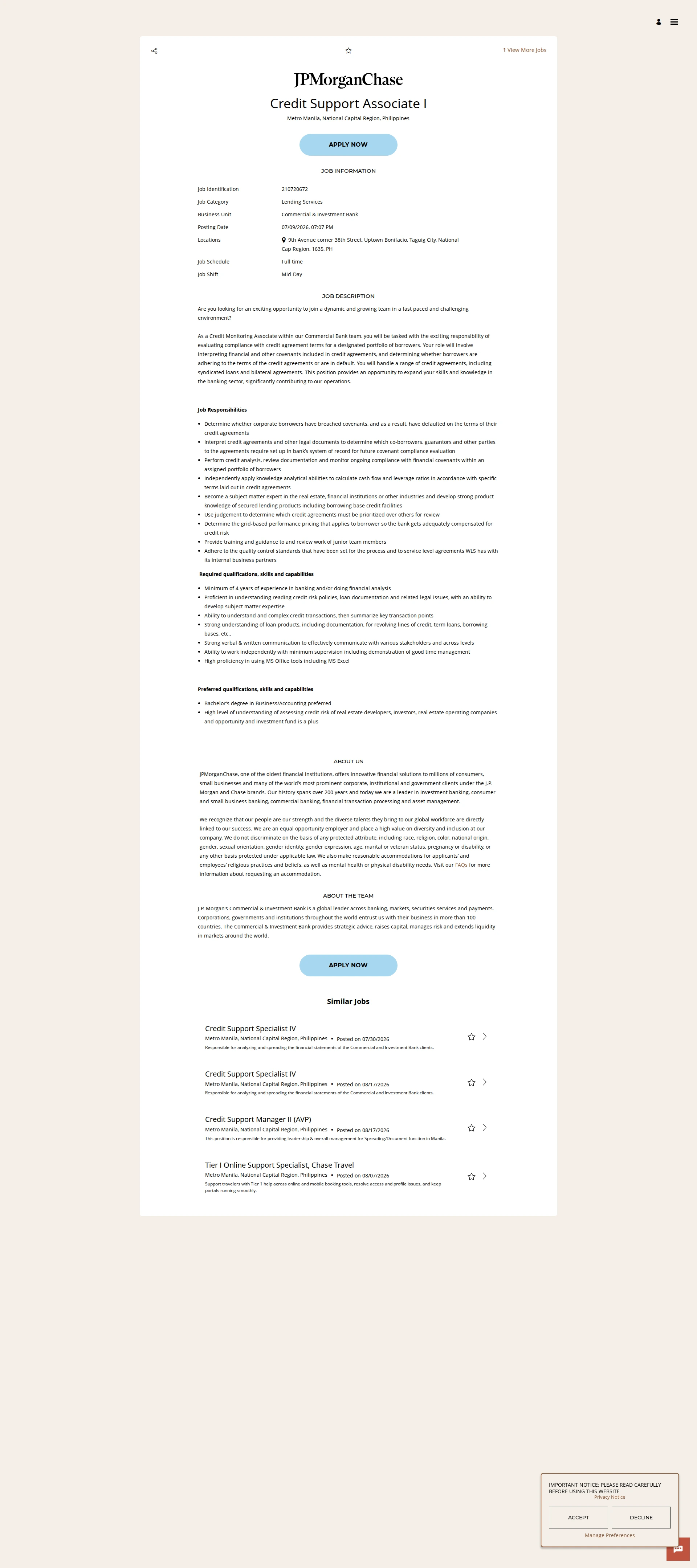 JPMorganChase Credit Support Associate I 채용공고