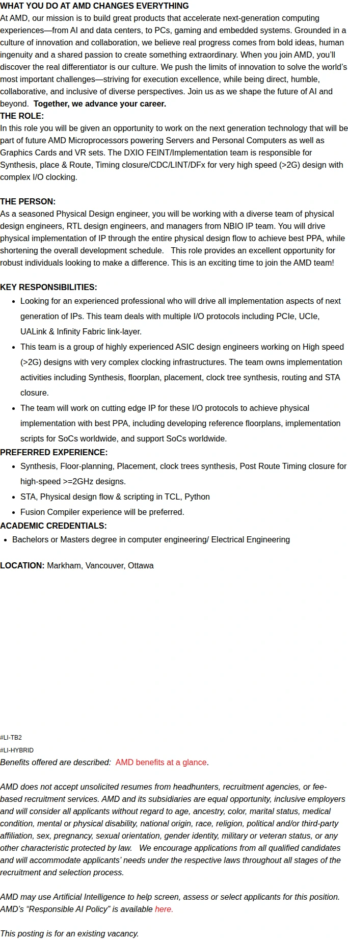 AMD Senior Physical Design Engineer 채용공고