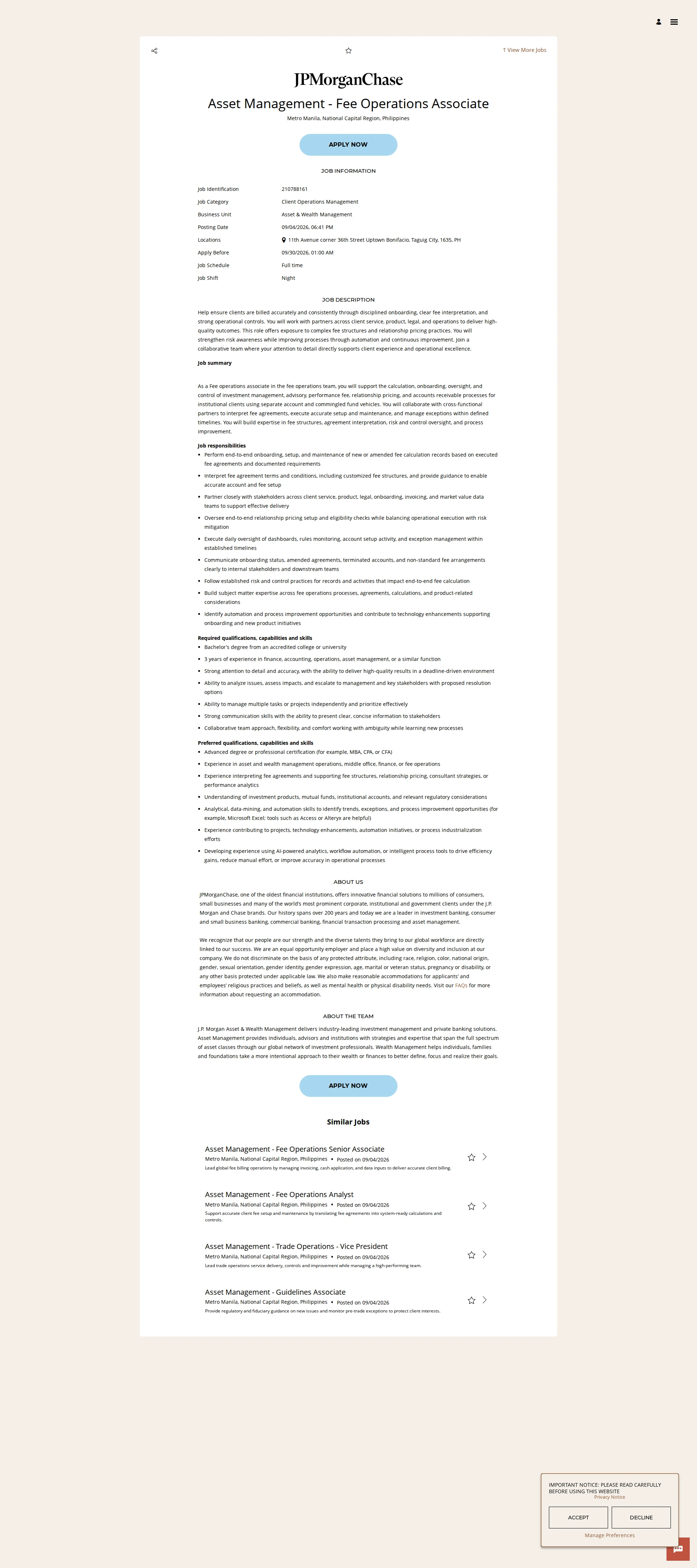 JPMorganChase Asset Management - Fee Operations Associate 채용공고