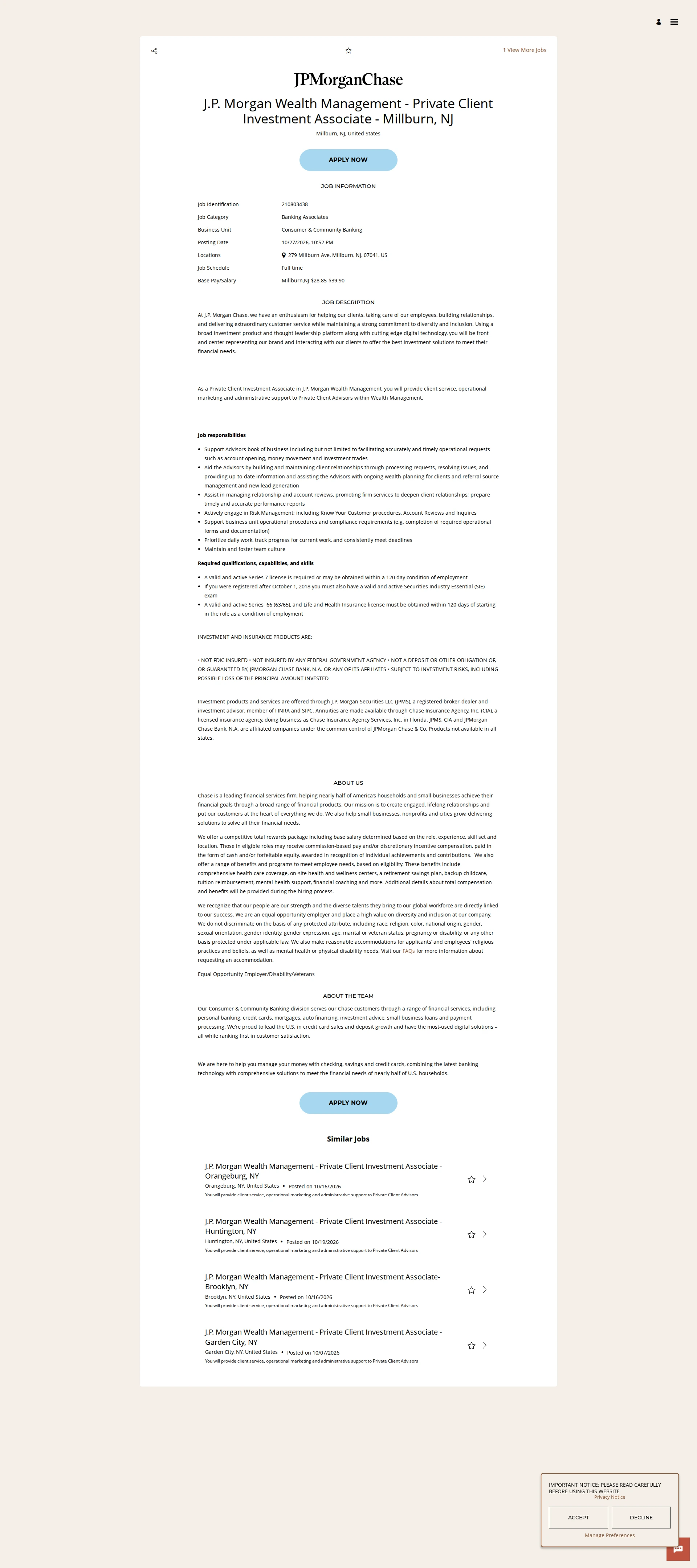 JPMorganChase J.P. Morgan Wealth Management - Private Client Investment Associate - Millburn, NJ 채용공고