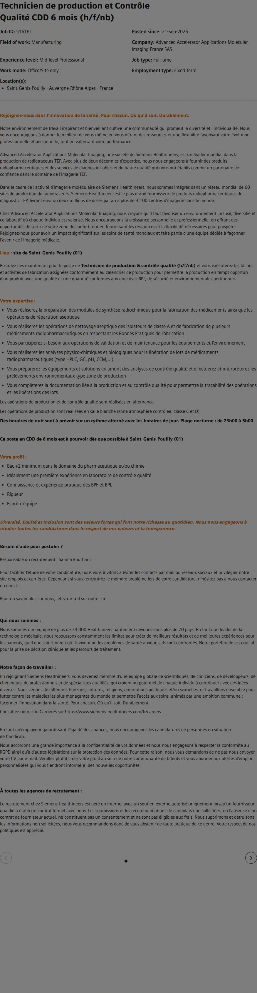 SiemensHealthineers Technicien de production et Contrôle Qualité CDD 6 mois (h/f/nb) 채용공고