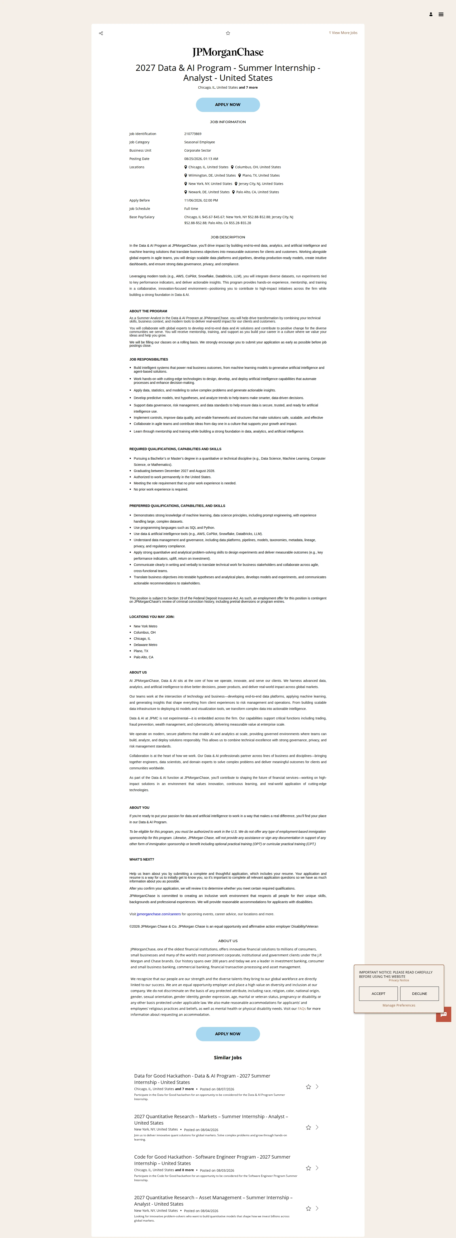 JPMorganChase 2027 Data & AI Program - Summer Internship - Analyst - United States 채용공고