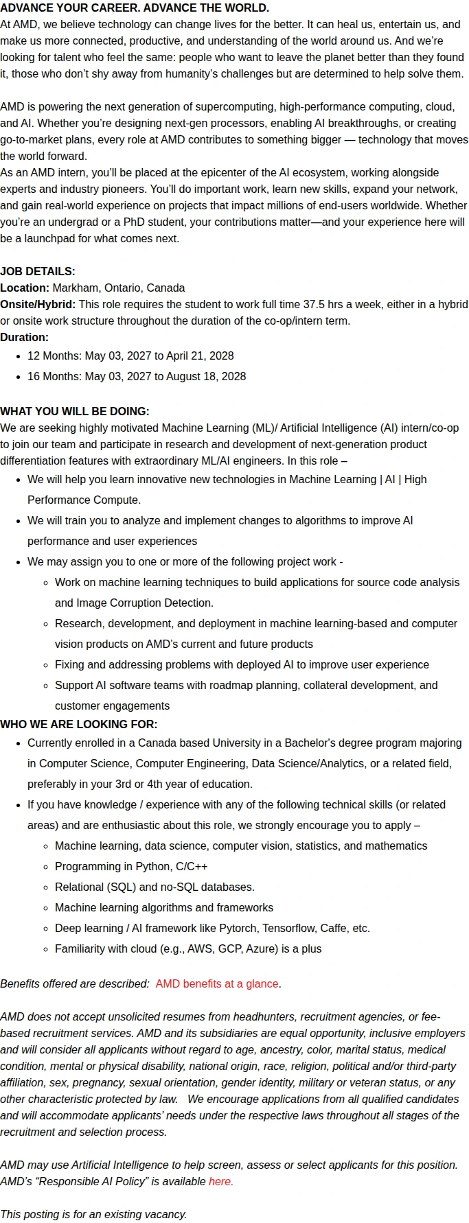 AMD Summer 2027 Long Term Machine Learning/Artificial Intelligence Intern/Co-Op 채용공고