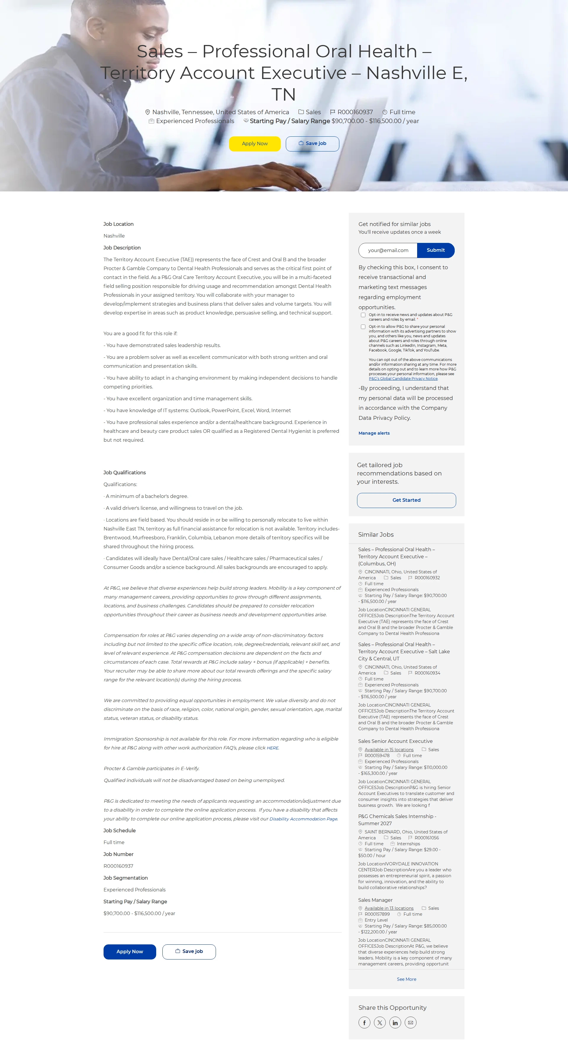 P&G Sales – Professional Oral Health – Territory Account Executive – Nashville E, TN 채용공고