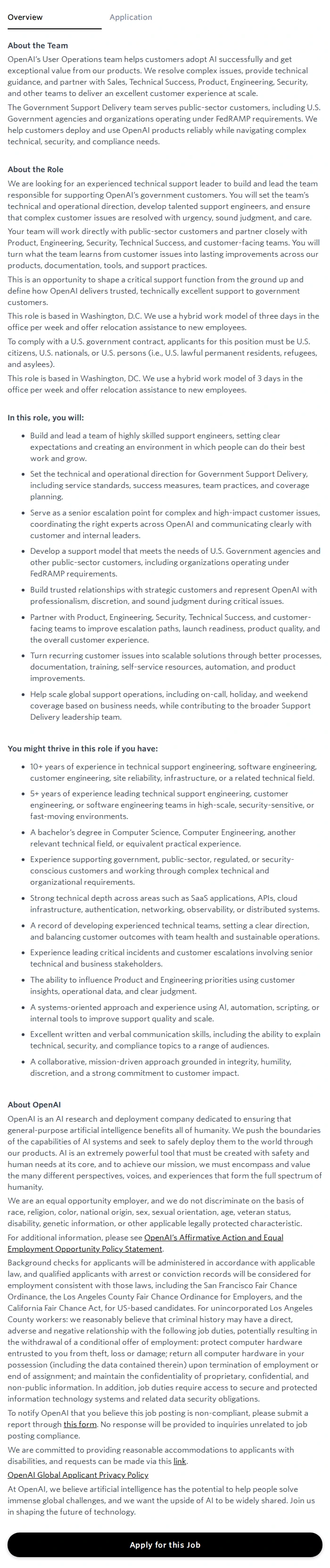 오픈에이아이(OpenAI) Support Delivery Lead, Government 채용공고