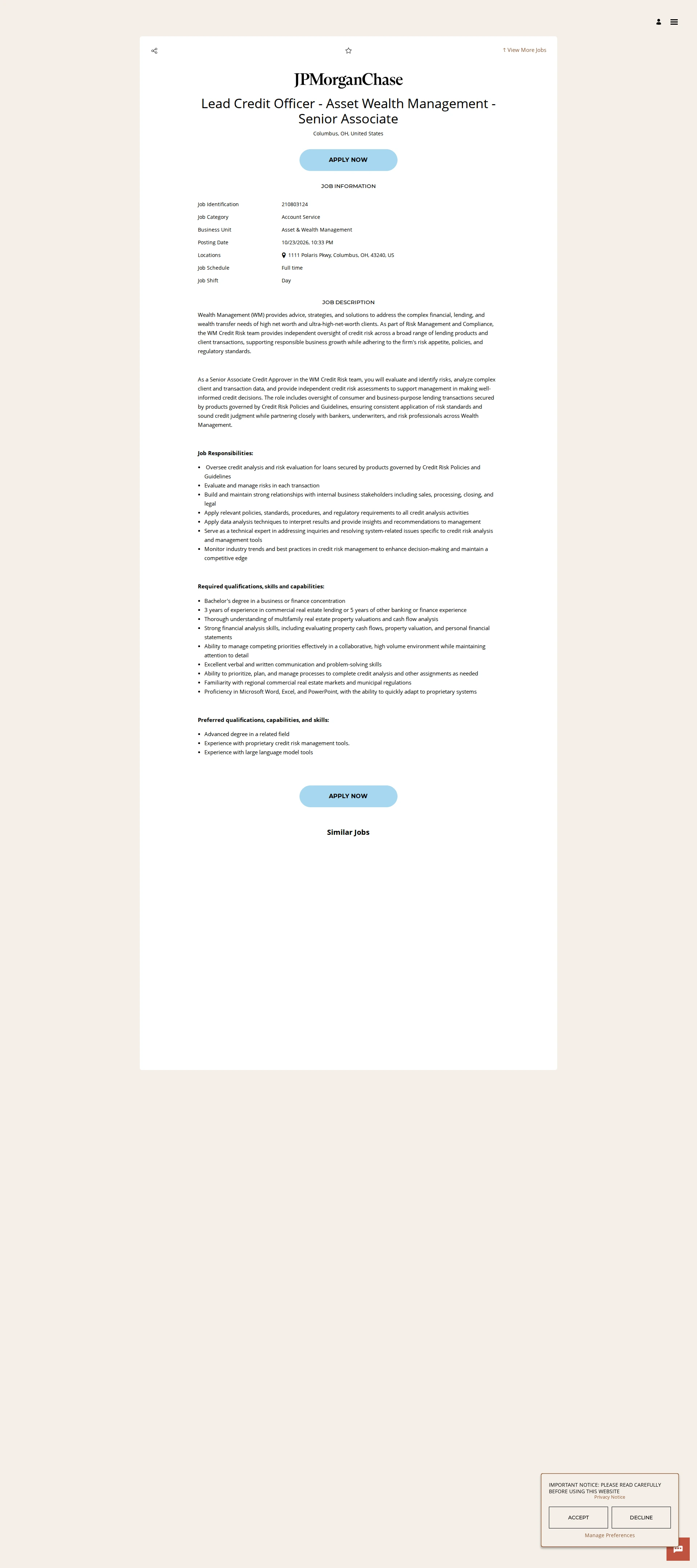 JPMorganChase Lead Credit Officer - Asset Wealth Management - Senior Associate 채용공고