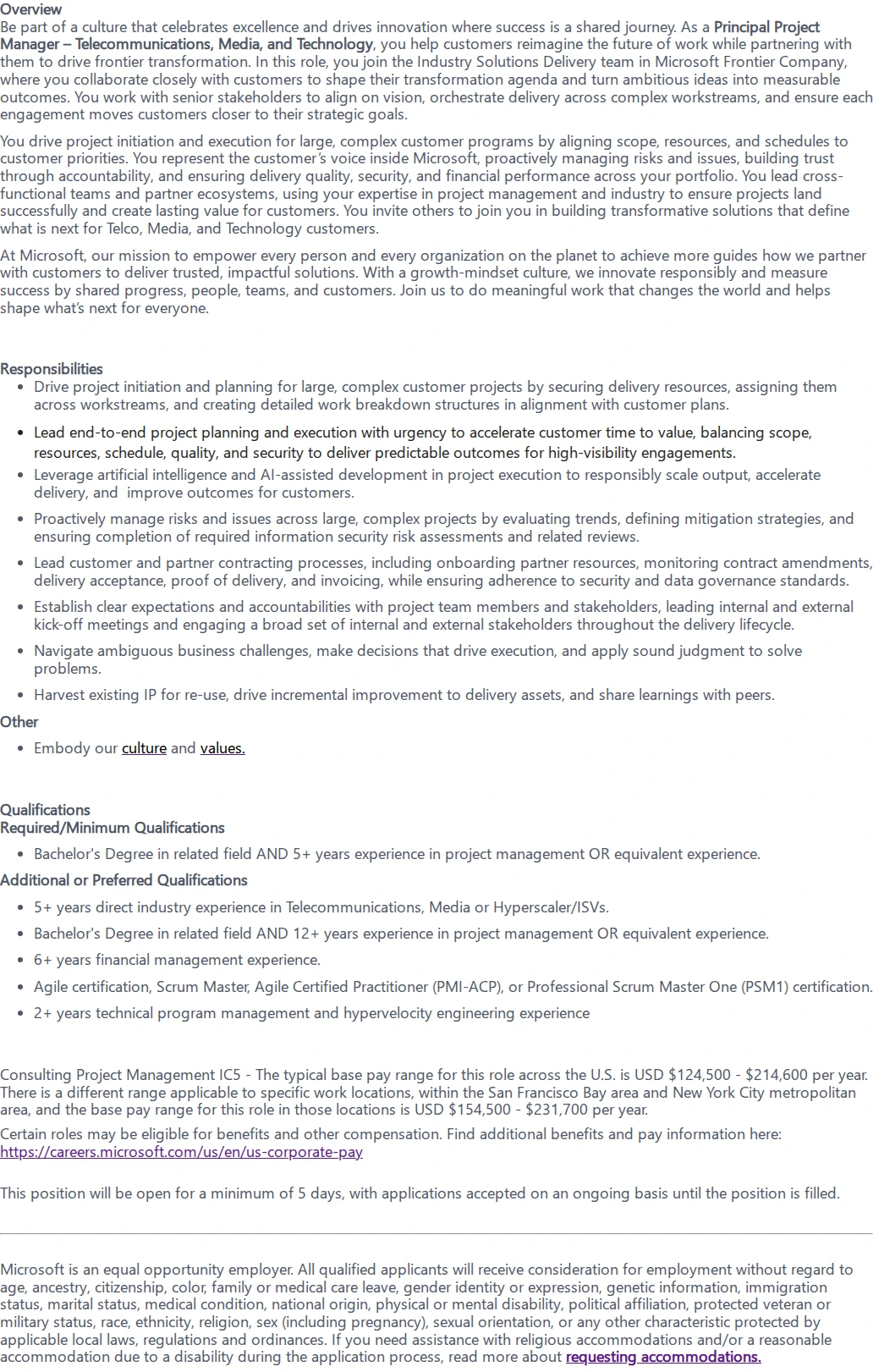 마이크로소프트(Microsoft) Principal Project Manager - Telecommunications, Media, and Technology 채용공고