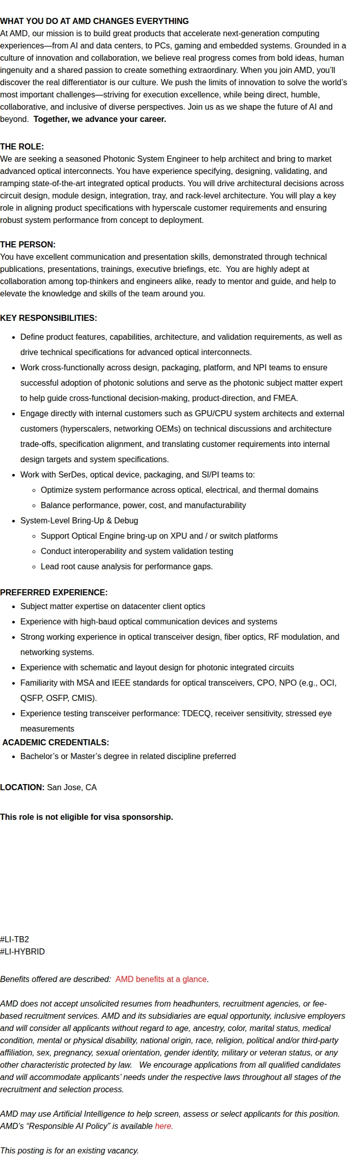 AMD Lead Photonics System Engineer 채용공고