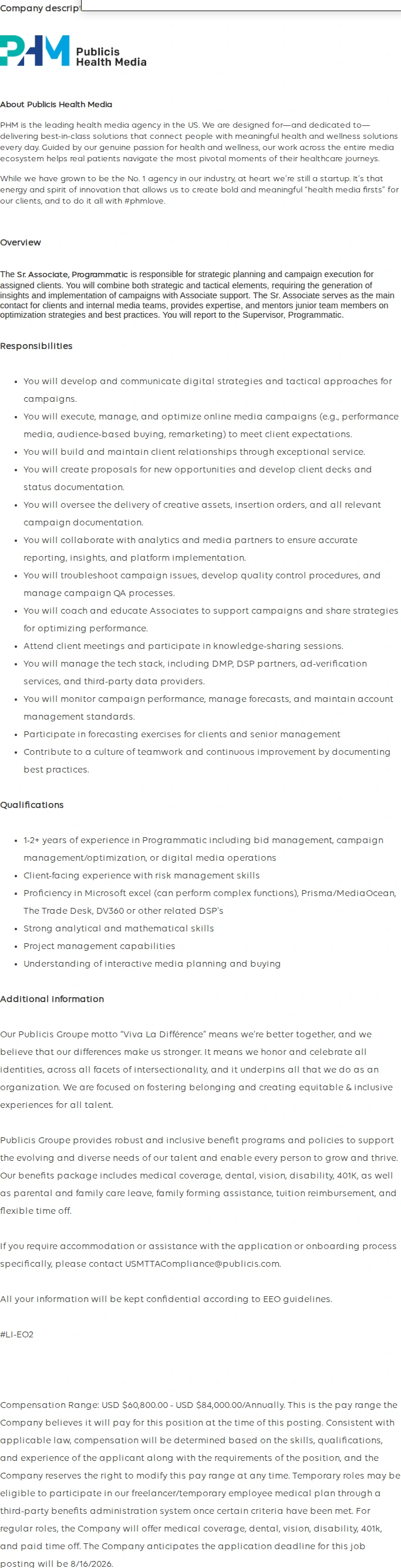 Publicis Groupe Senior Associate, Programmatic 채용공고