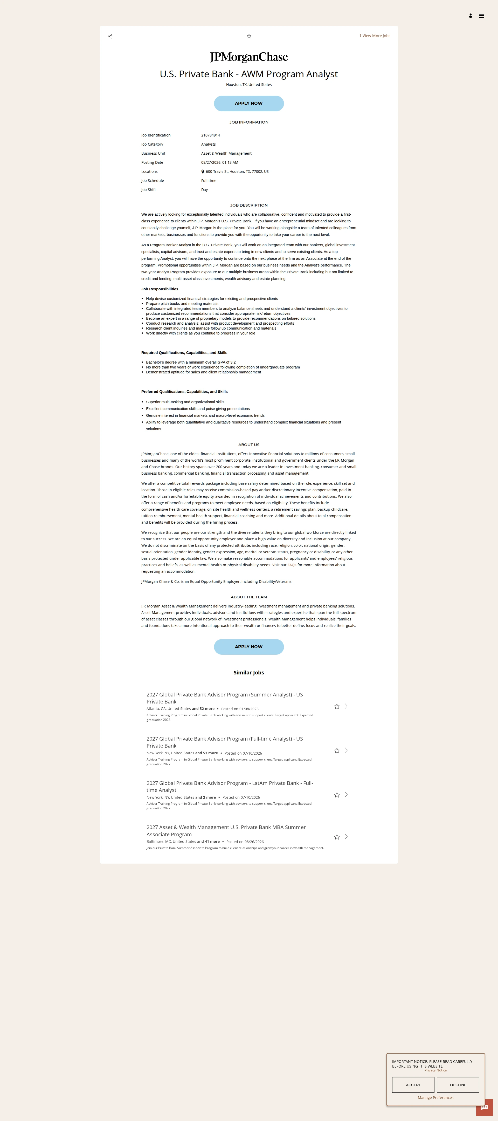 JPMorganChase U.S. Private Bank - AWM Program Analyst 채용공고