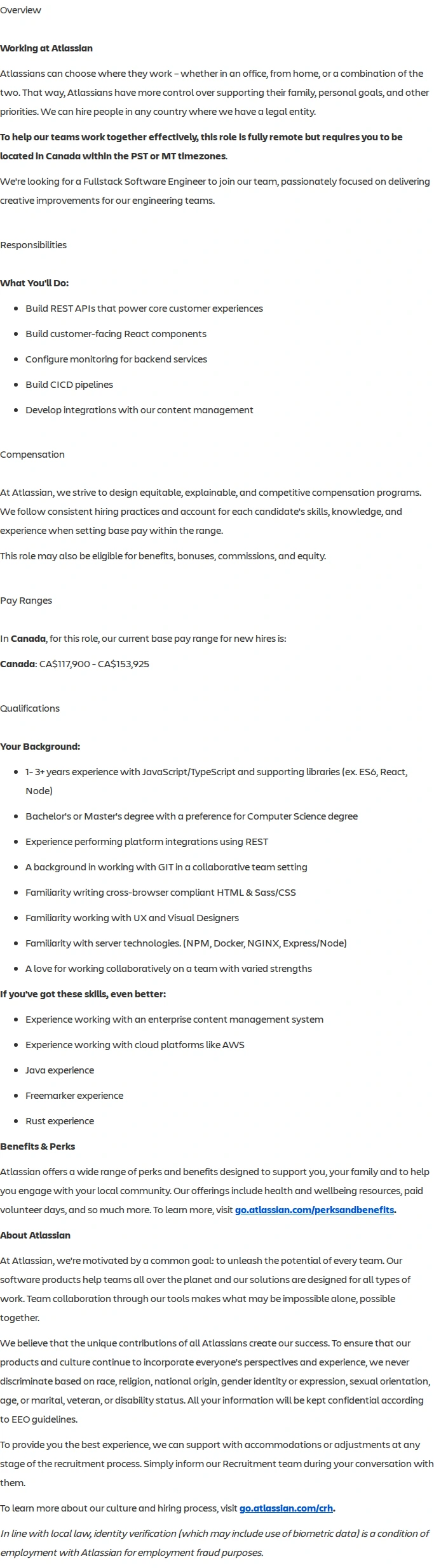 아틀라시안 Full Stack Software Engineer 채용공고