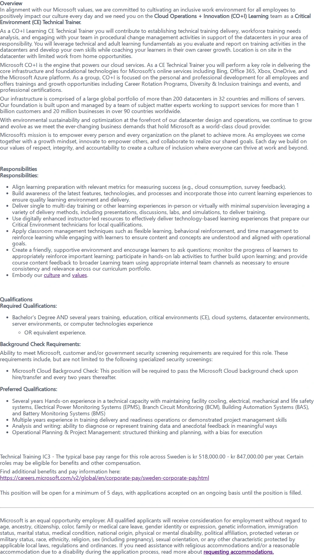 마이크로소프트(Microsoft) Critical Environment (CE) Technical Trainer 채용공고