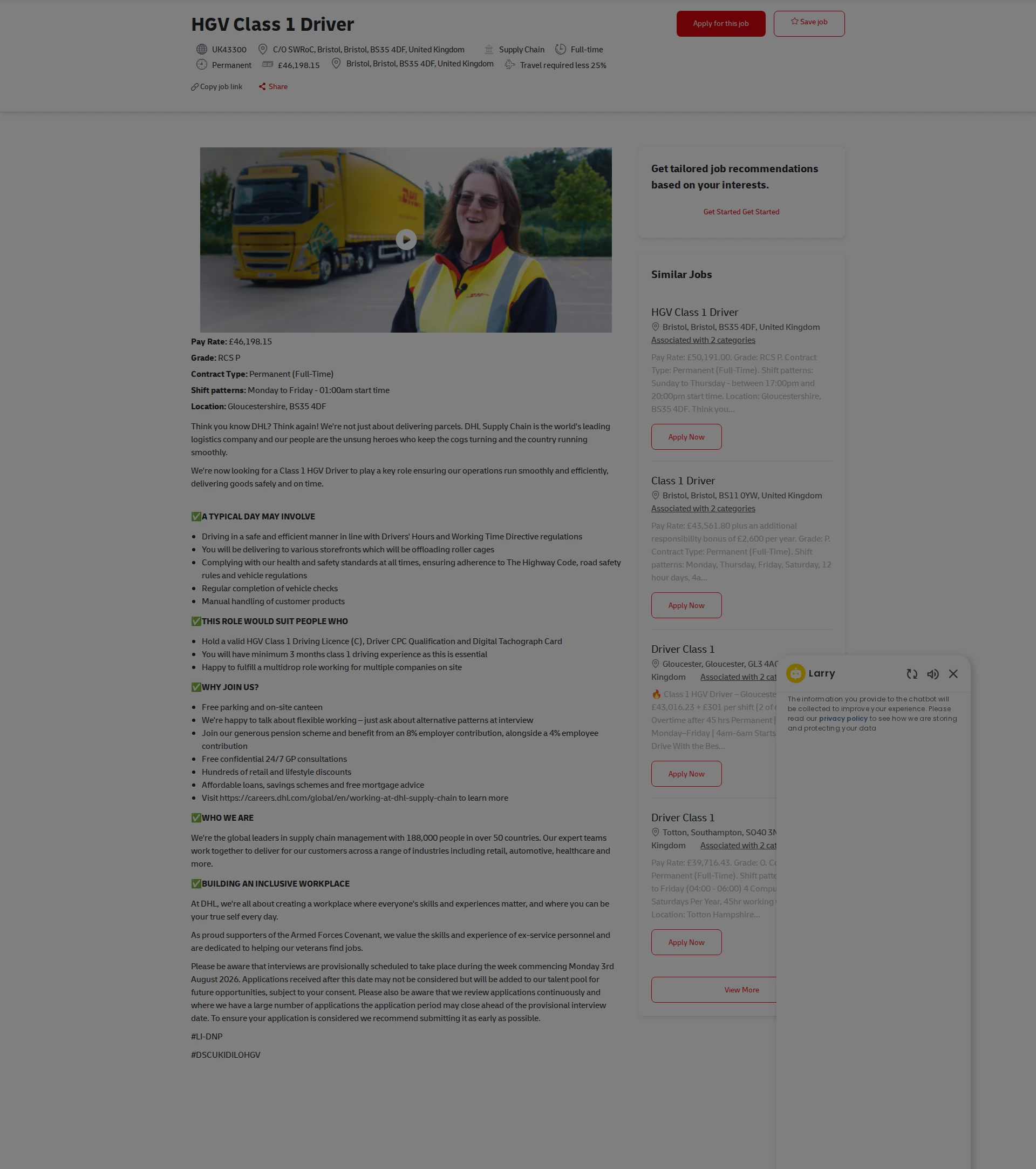 DHL HGV Class 1 Driver 채용공고