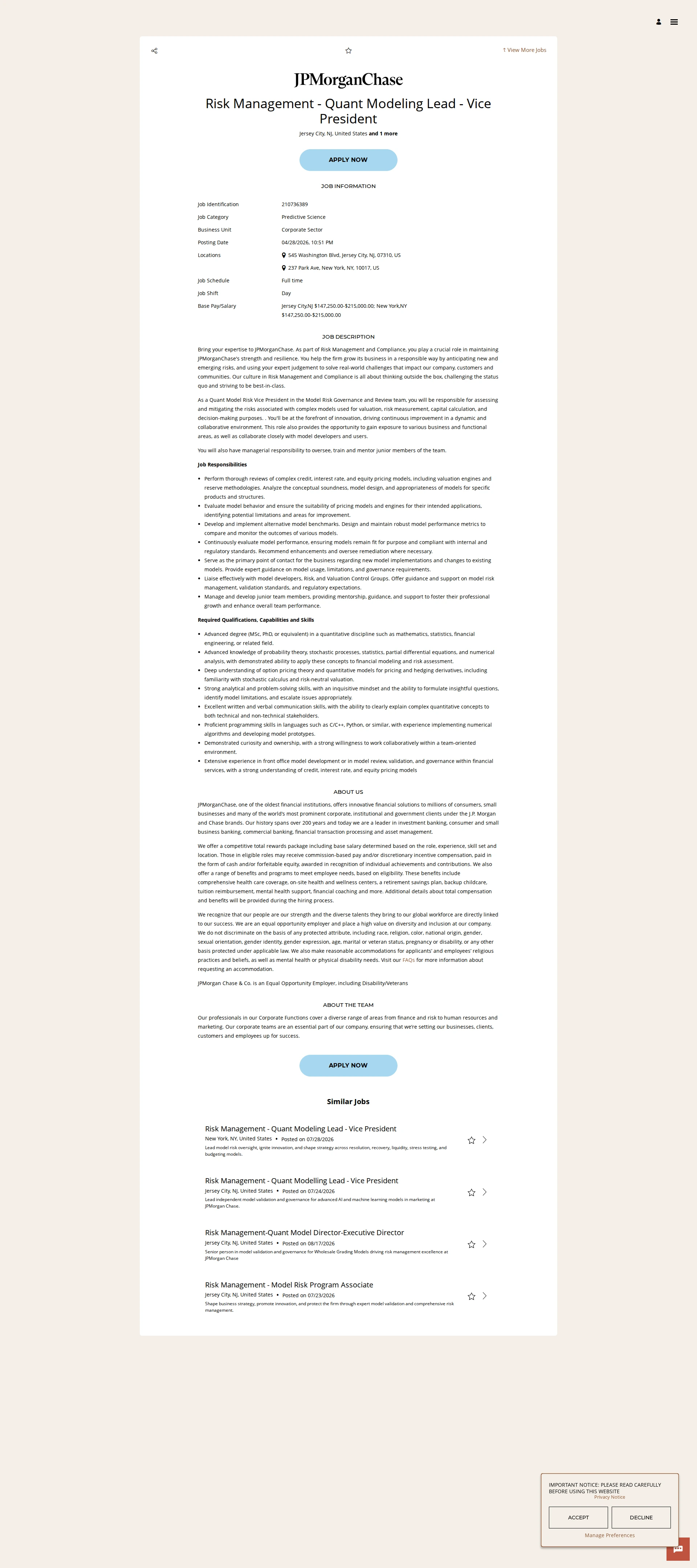 JPMorganChase Risk Management - Quant Modeling Lead - Vice President 채용공고