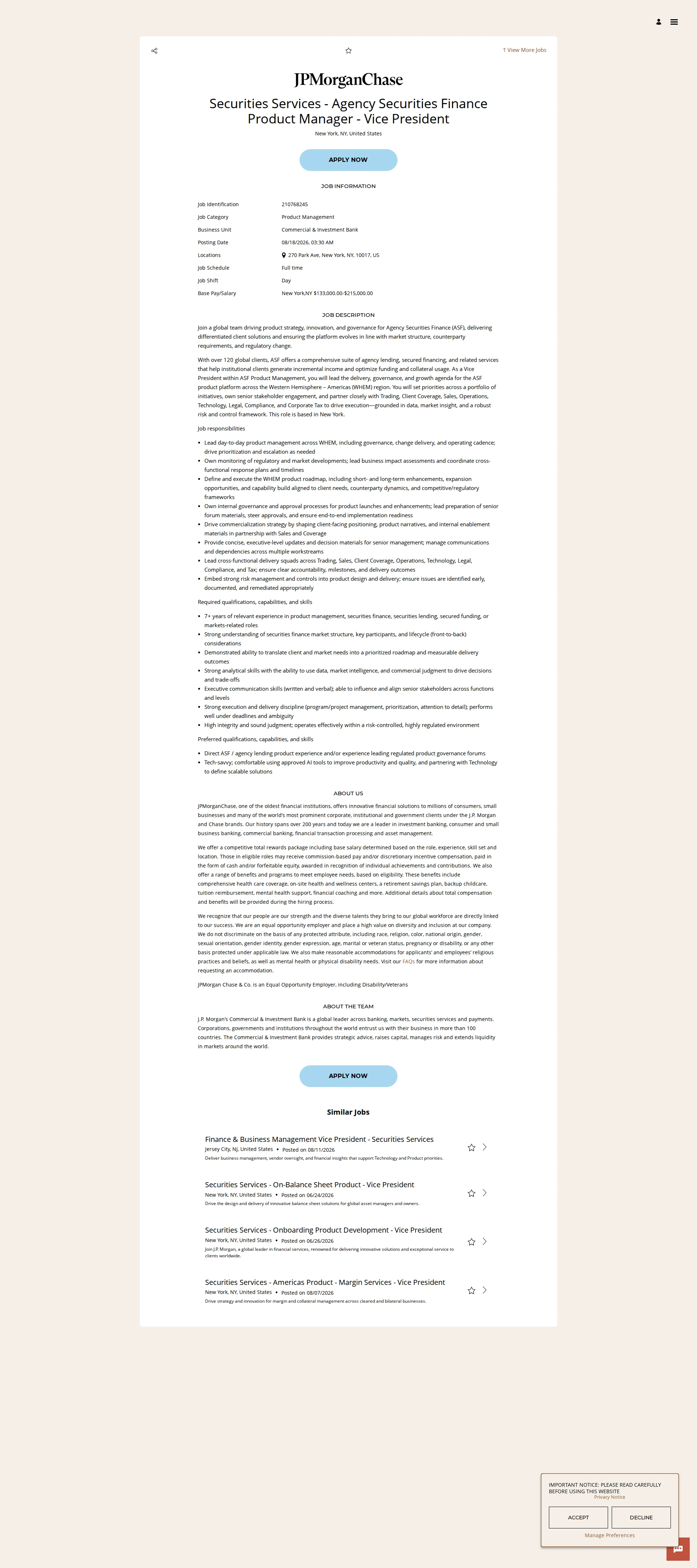 JPMorganChase Securities Services - Agency Securities Finance Product Manager - Vice President 채용공고