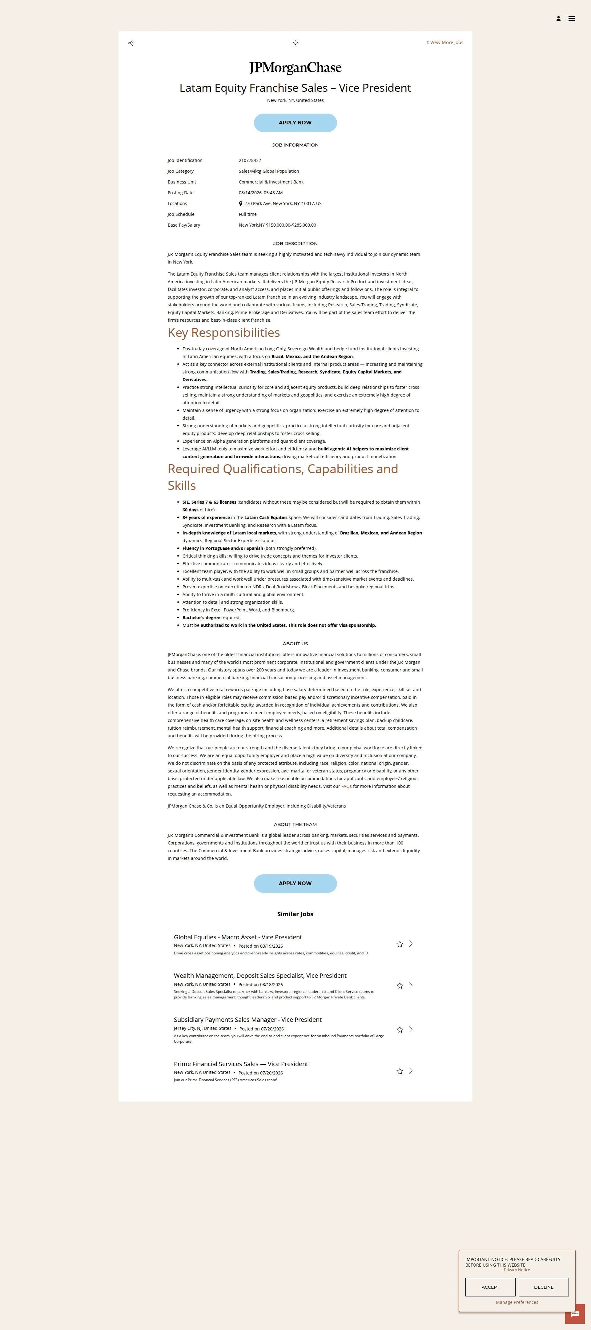 JPMorganChase Latam Equity Franchise Sales –  Vice President 채용공고