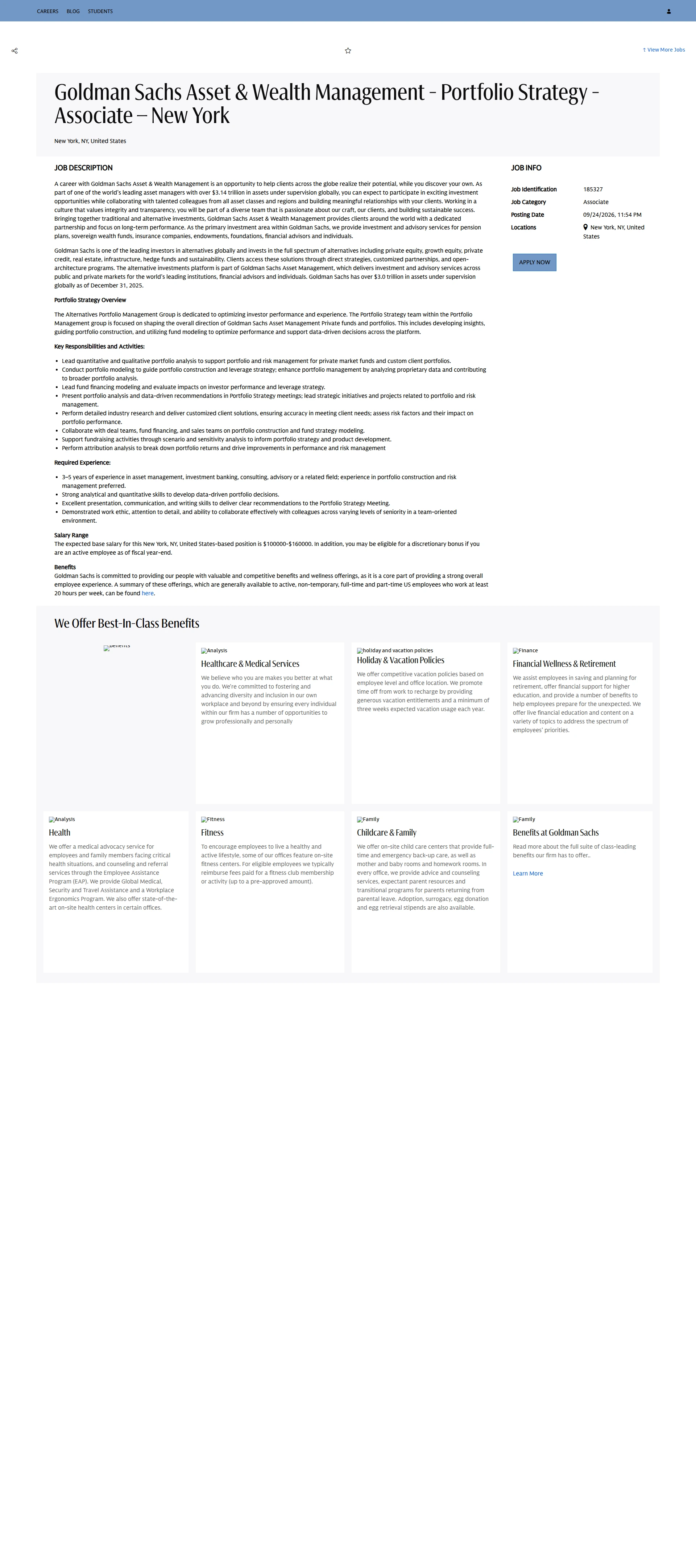 골드만삭스 Goldman Sachs Asset & Wealth Management - Portfolio Strategy - Associate – New York 채용공고