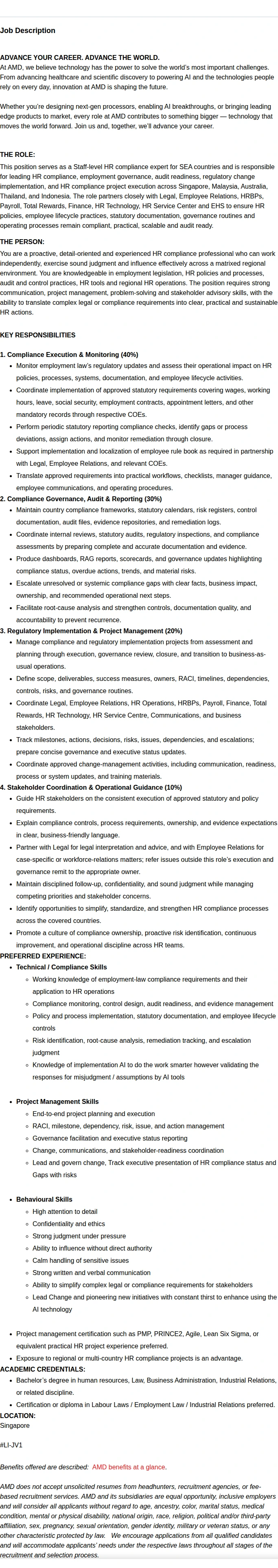 AMD Staff HR Compliance Specialist (SEA & Australia) 채용공고