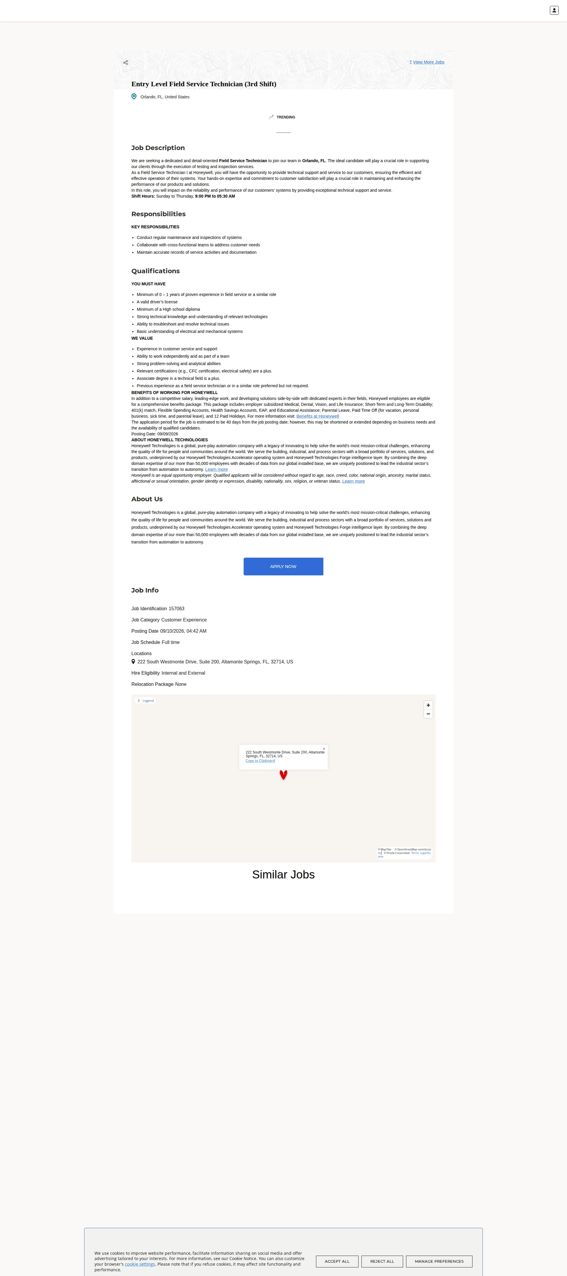 허니웰 Entry Level Field Service Technician (3rd Shift) 채용공고