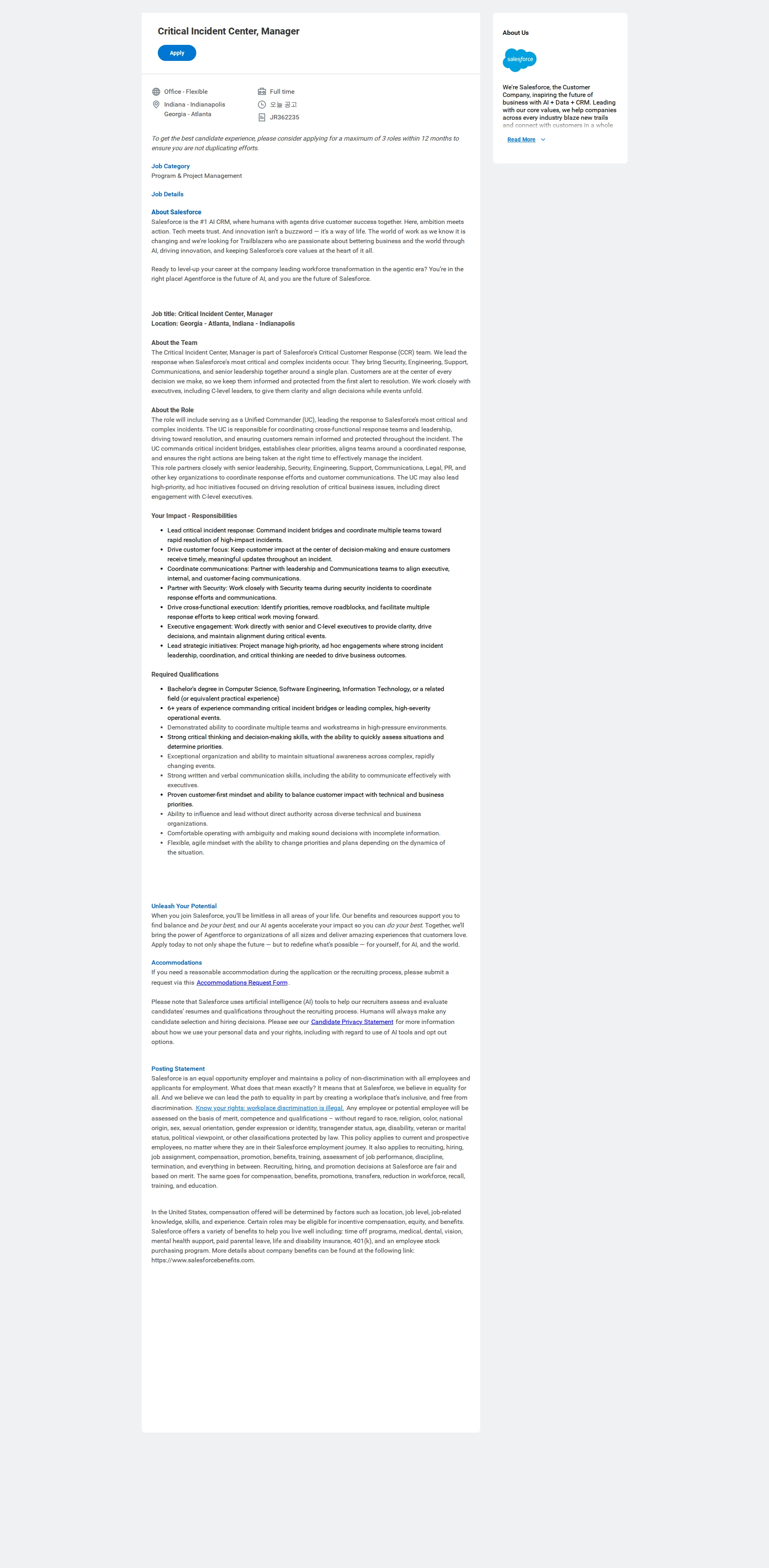 [Salesforce] Critical Incident Center, Manager 채용 | 기획_전략_경영