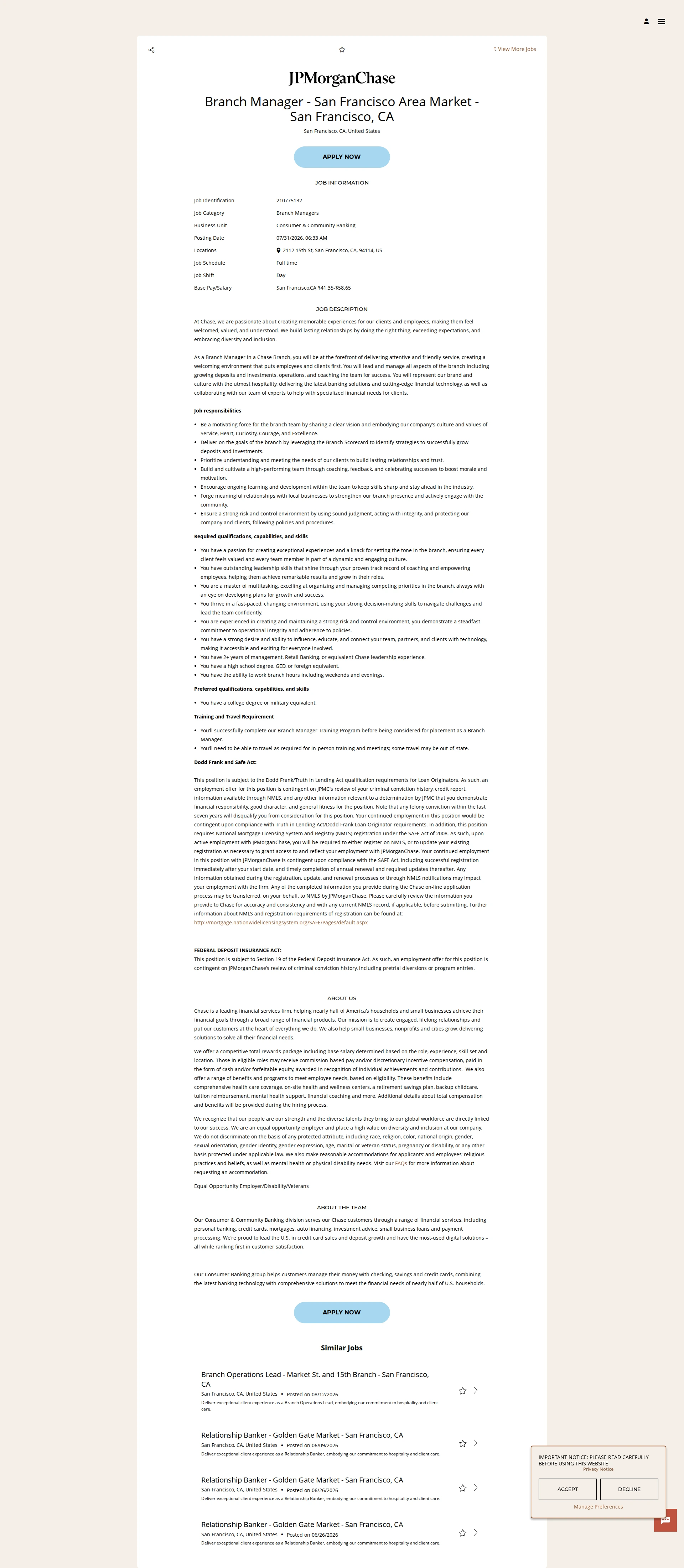 JPMorganChase Branch Manager - San Francisco Area Market - San Francisco, CA 채용공고