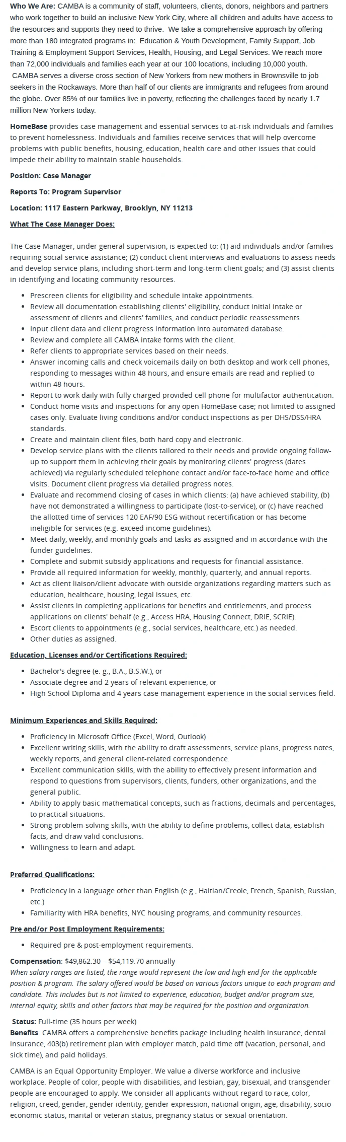 CAMBA Case Manager, Homelessness Prevention Initiative (HPI) HomeBase-Eastern PKWY 채용공고