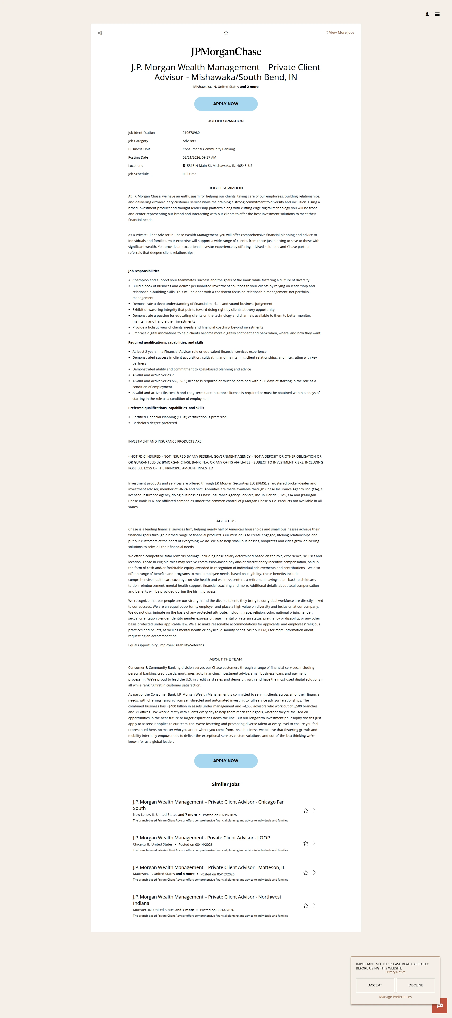 JPMorganChase J.P. Morgan Wealth Management – Private Client Advisor - Mishawaka/South Bend, IN 채용공고