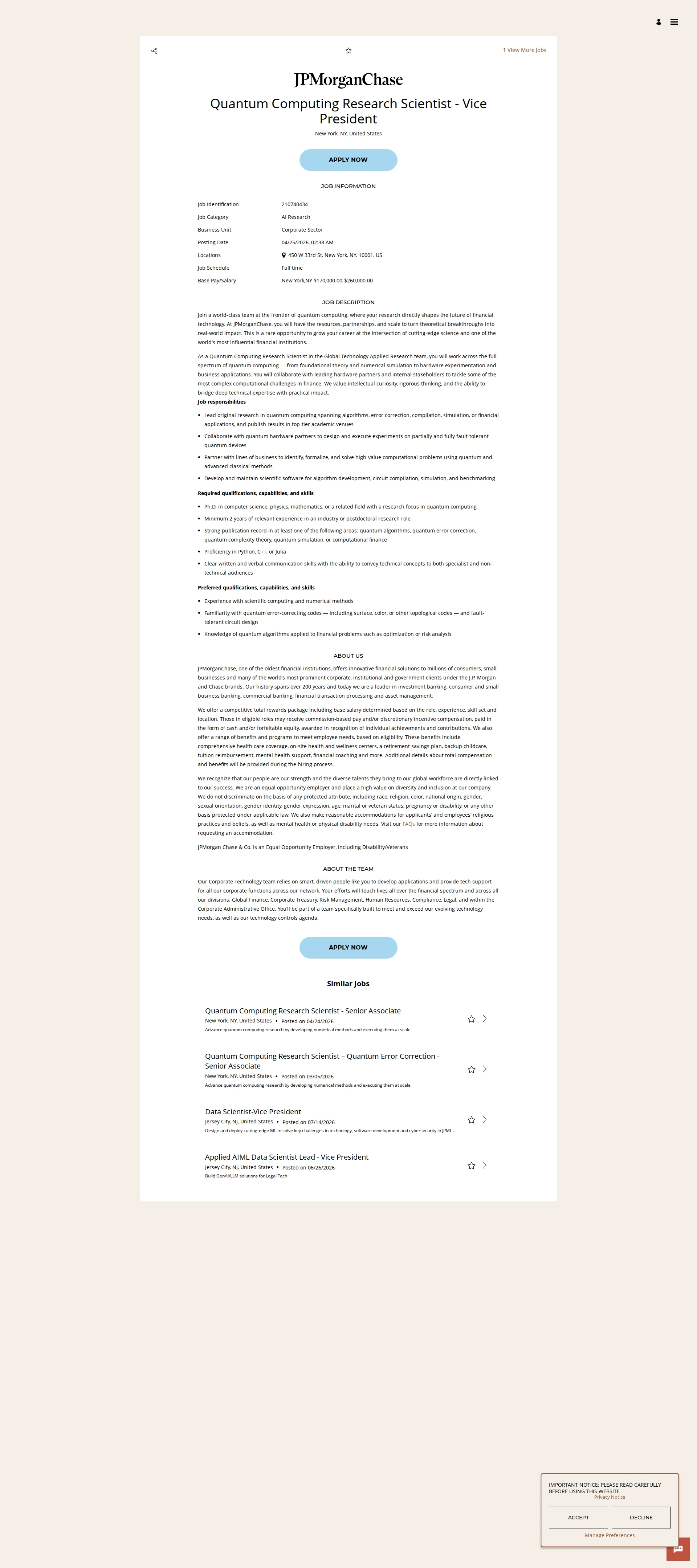 JPMorganChase Quantum Computing Research Scientist - Vice President 채용공고