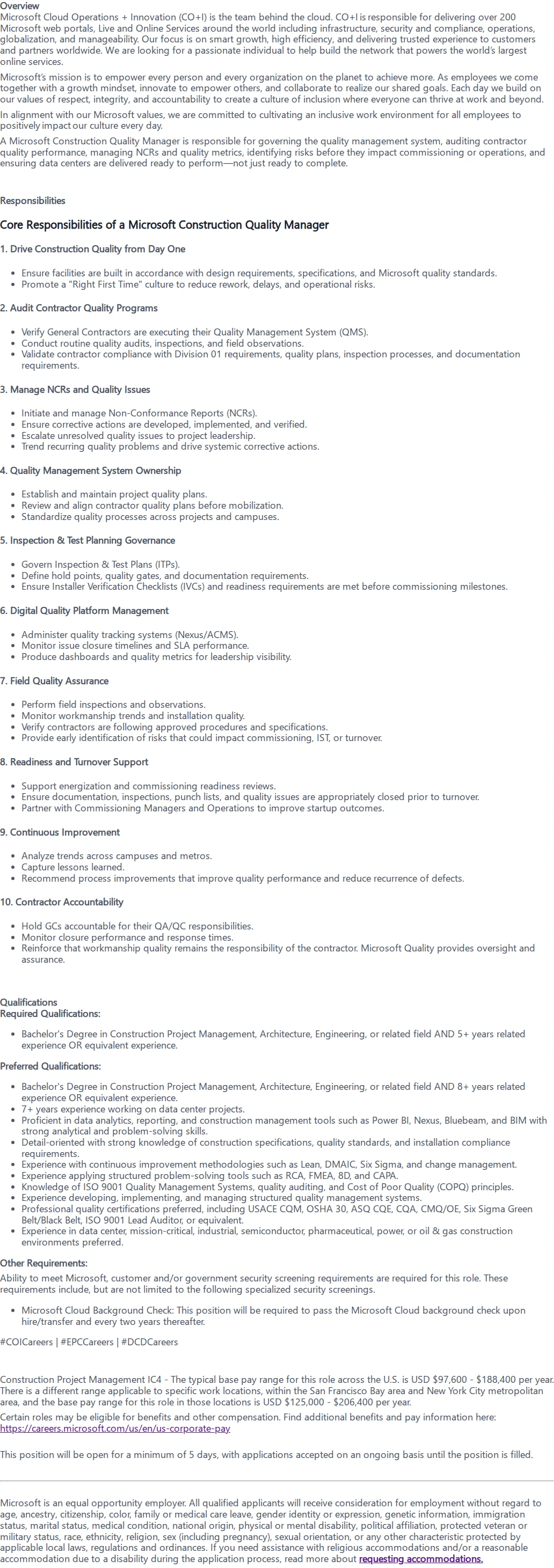 마이크로소프트(Microsoft) Construction Quality Manager 채용공고