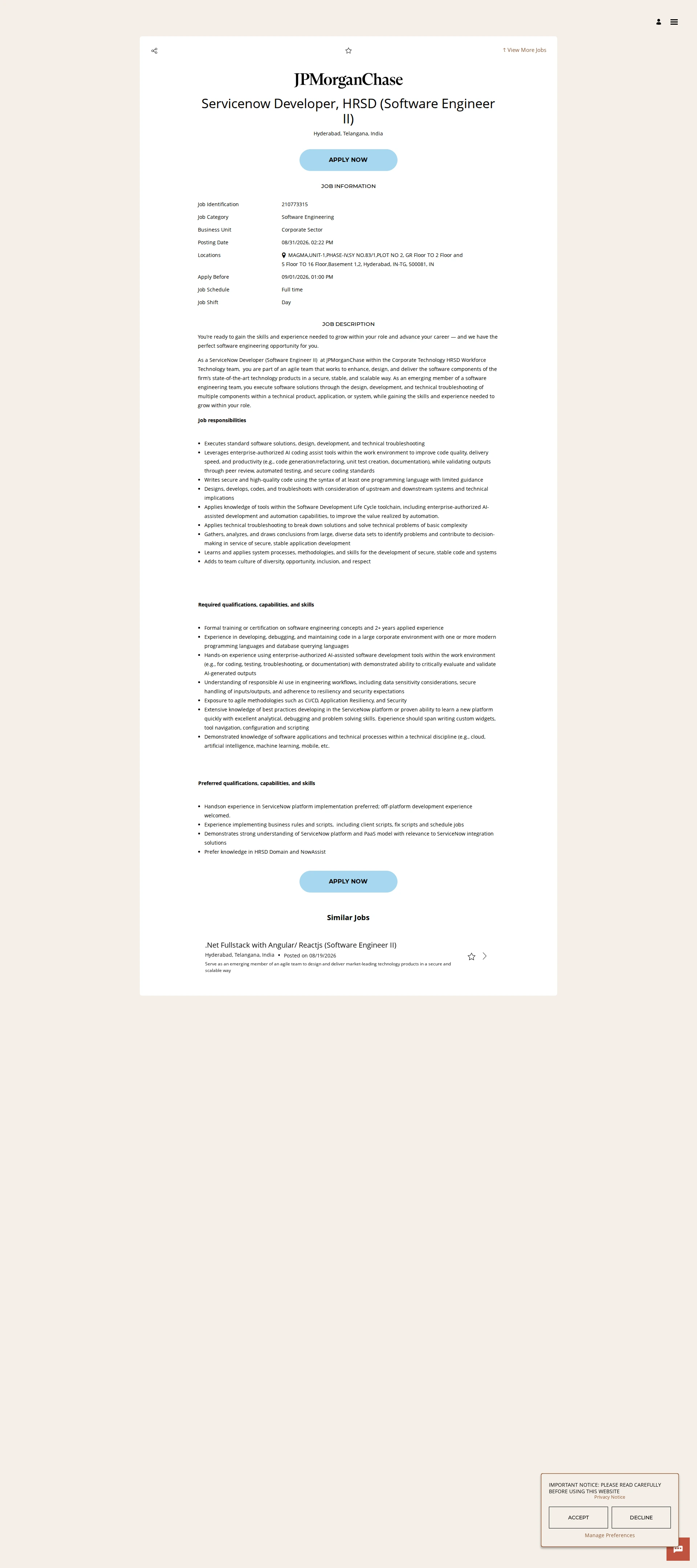 JPMorganChase Servicenow Developer, HRSD (Software Engineer II) 채용공고