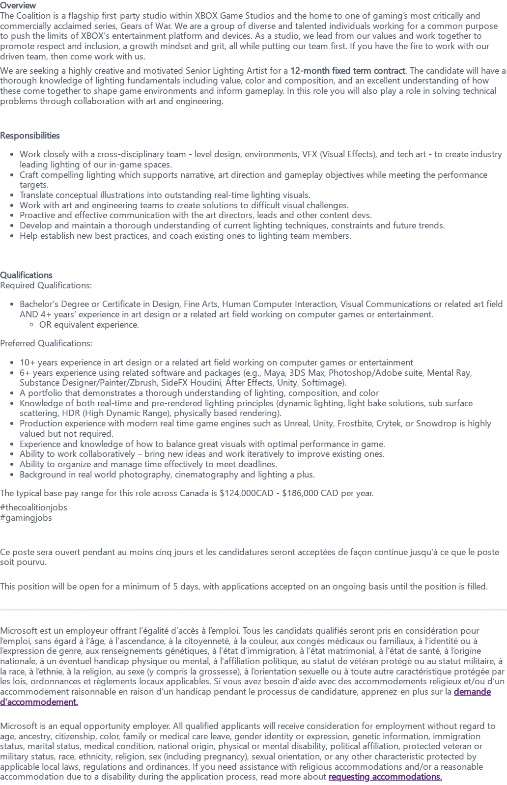 마이크로소프트(Microsoft) Senior Lighting Artist - Gears of War - The Coalition (12-Month Fixed Term Contract) 채용공고