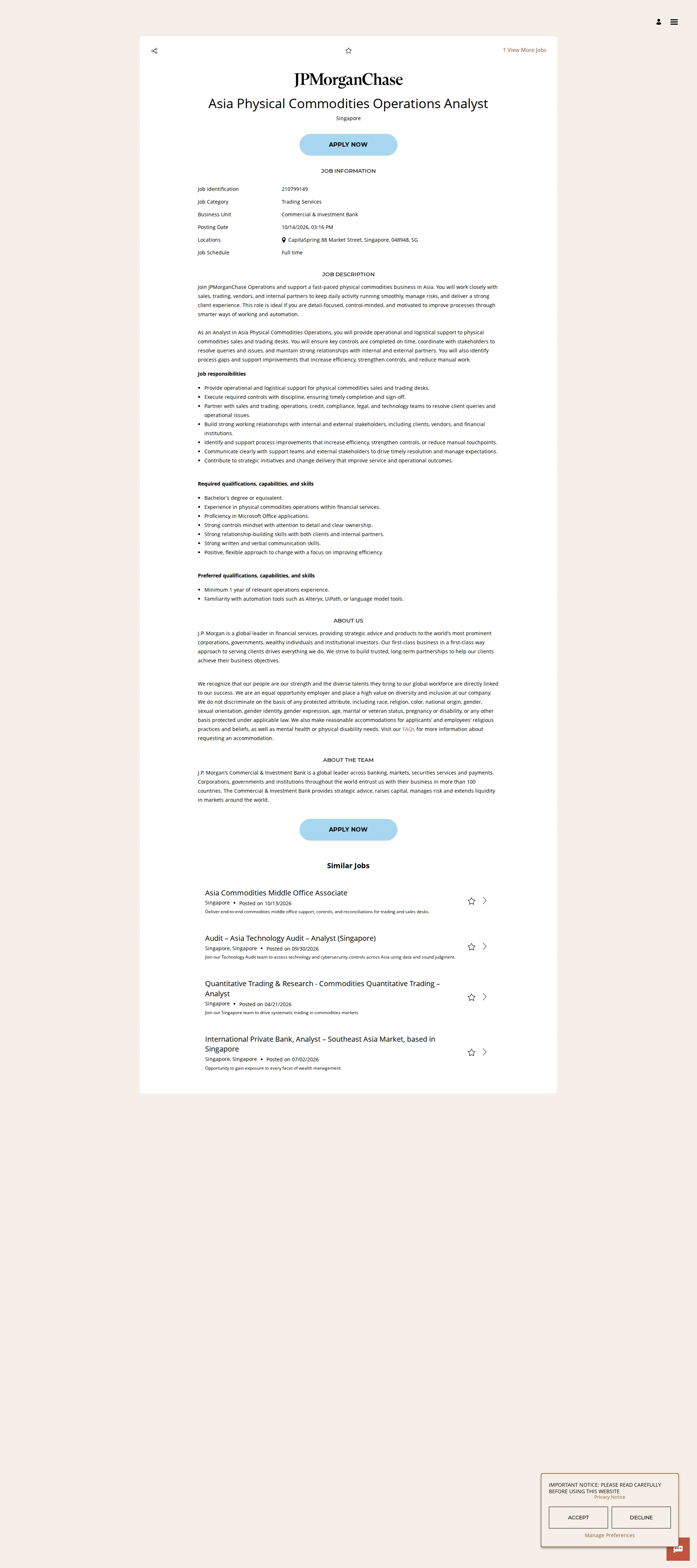 JPMorganChase Asia Physical Commodities Operations Analyst 채용공고