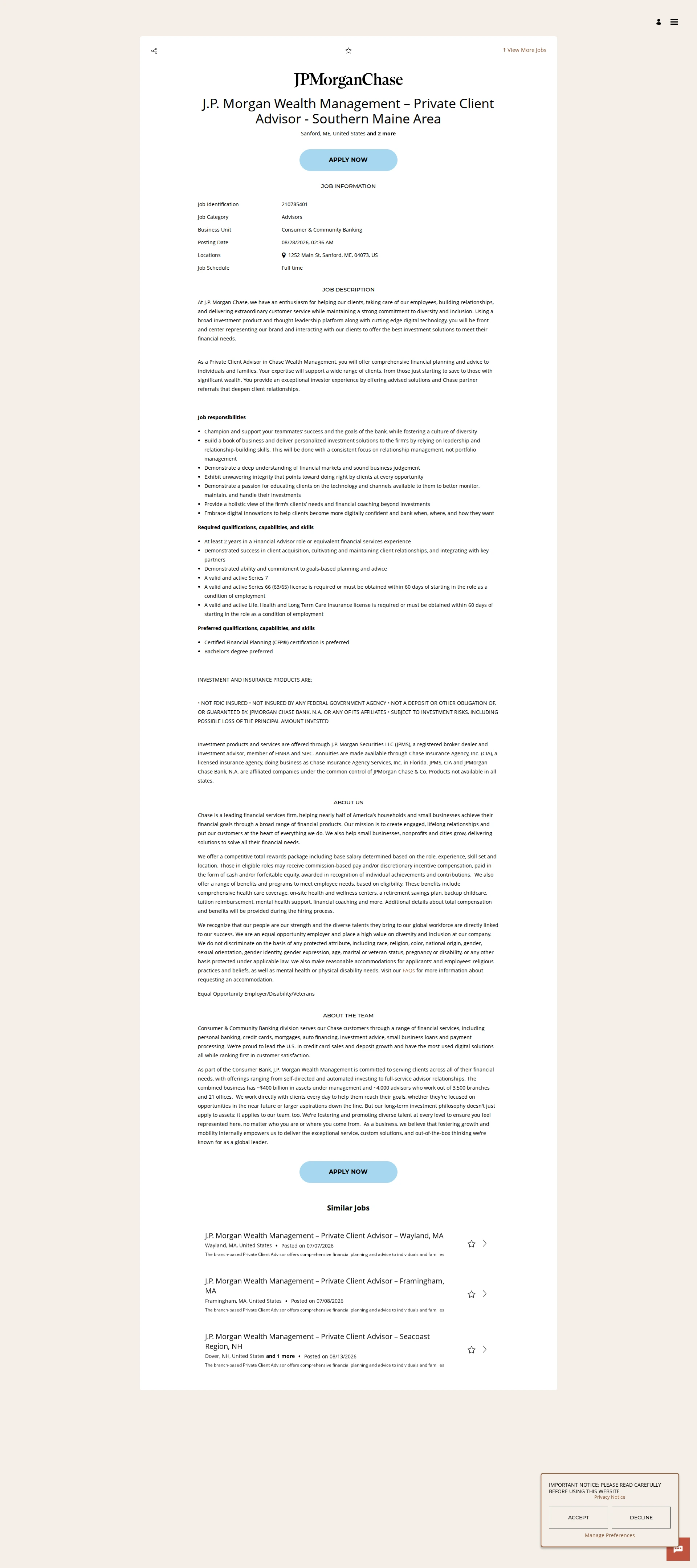 JPMorganChase J.P. Morgan Wealth Management – Private Client Advisor - Southern Maine Area 채용공고