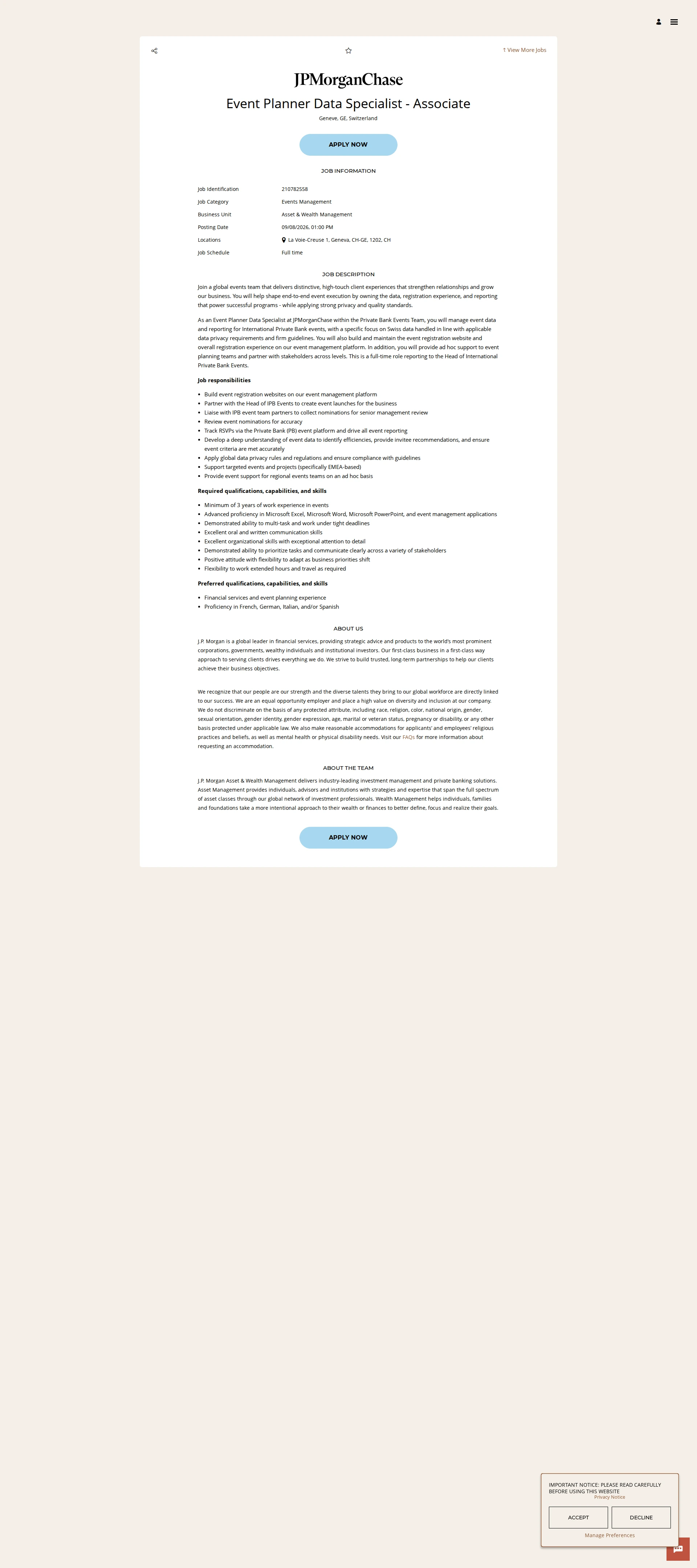 JPMorganChase Event Planner Data Specialist - Associate 채용공고