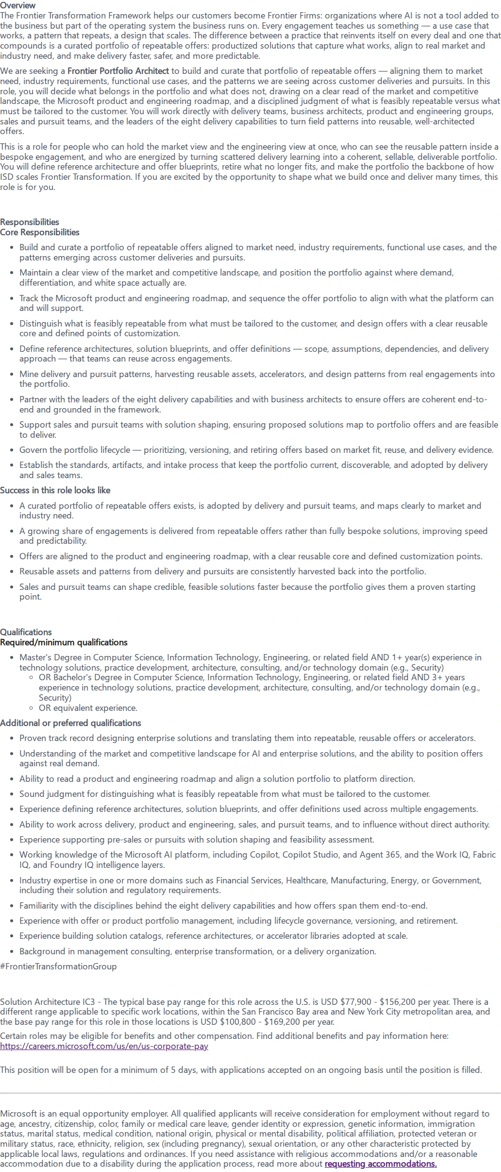 마이크로소프트(Microsoft) Frontier Portfolio Architect 채용공고