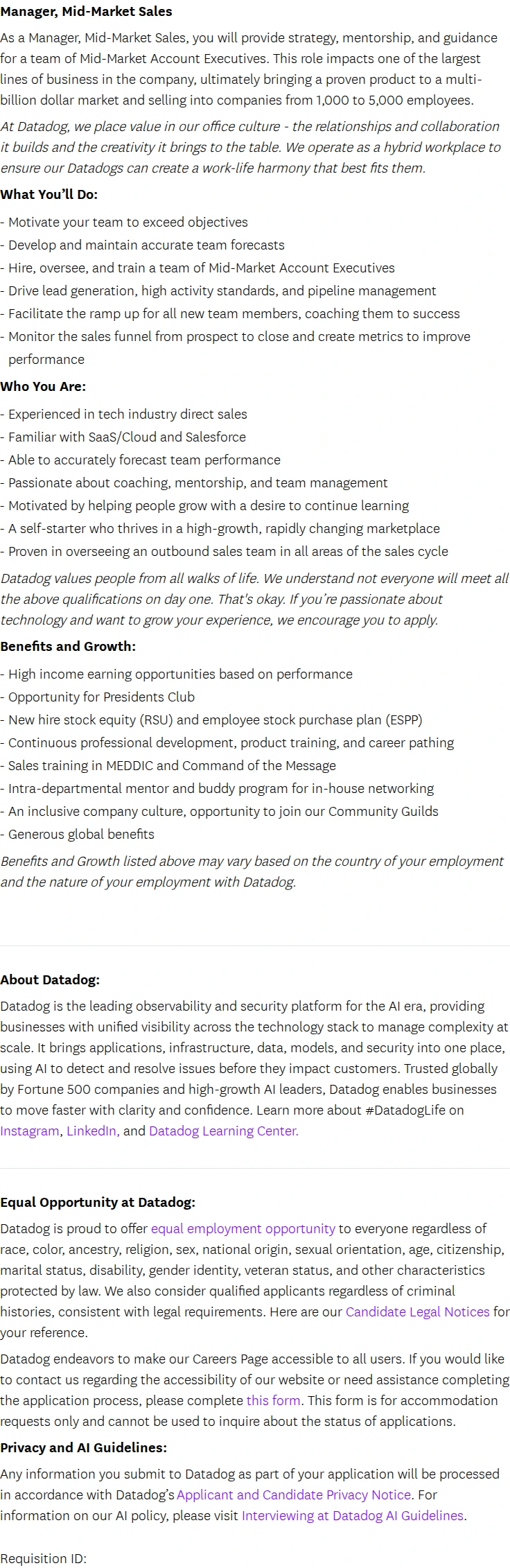 데이터독 Manager, Mid-Market Sales (South EMEA) 채용공고