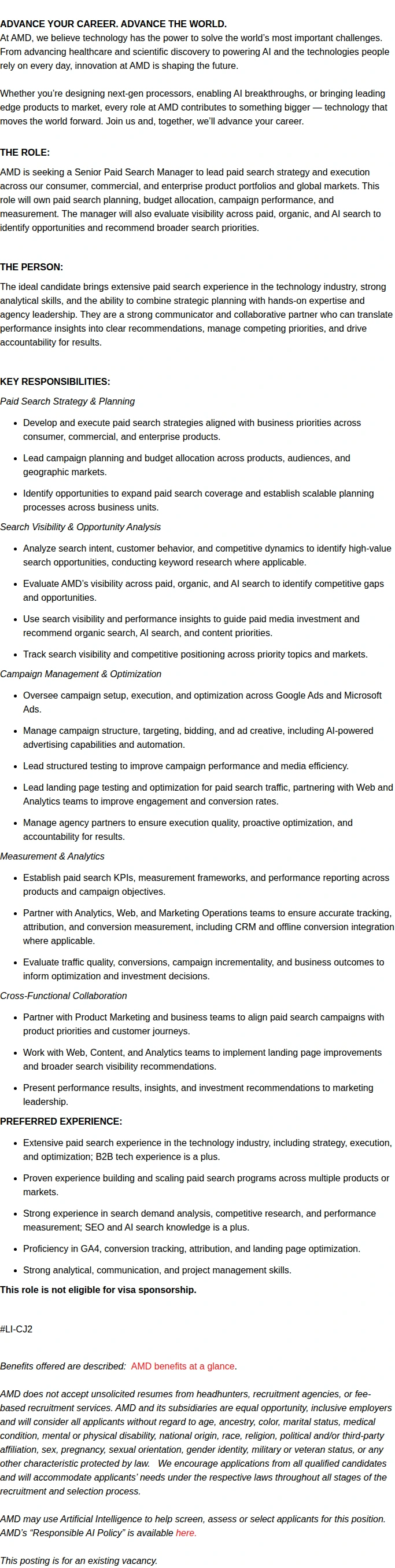 AMD Senior Paid Search Manager 채용공고