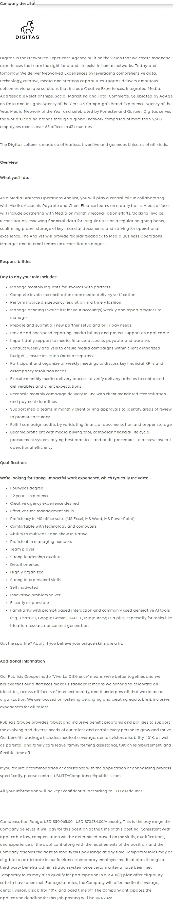 Publicis Groupe Analyst, Media Business Operations 채용공고