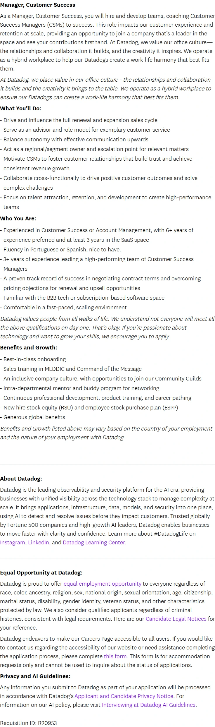 데이터독 Manager, Customer Success - Dublin (Israel/Iberia) 채용공고