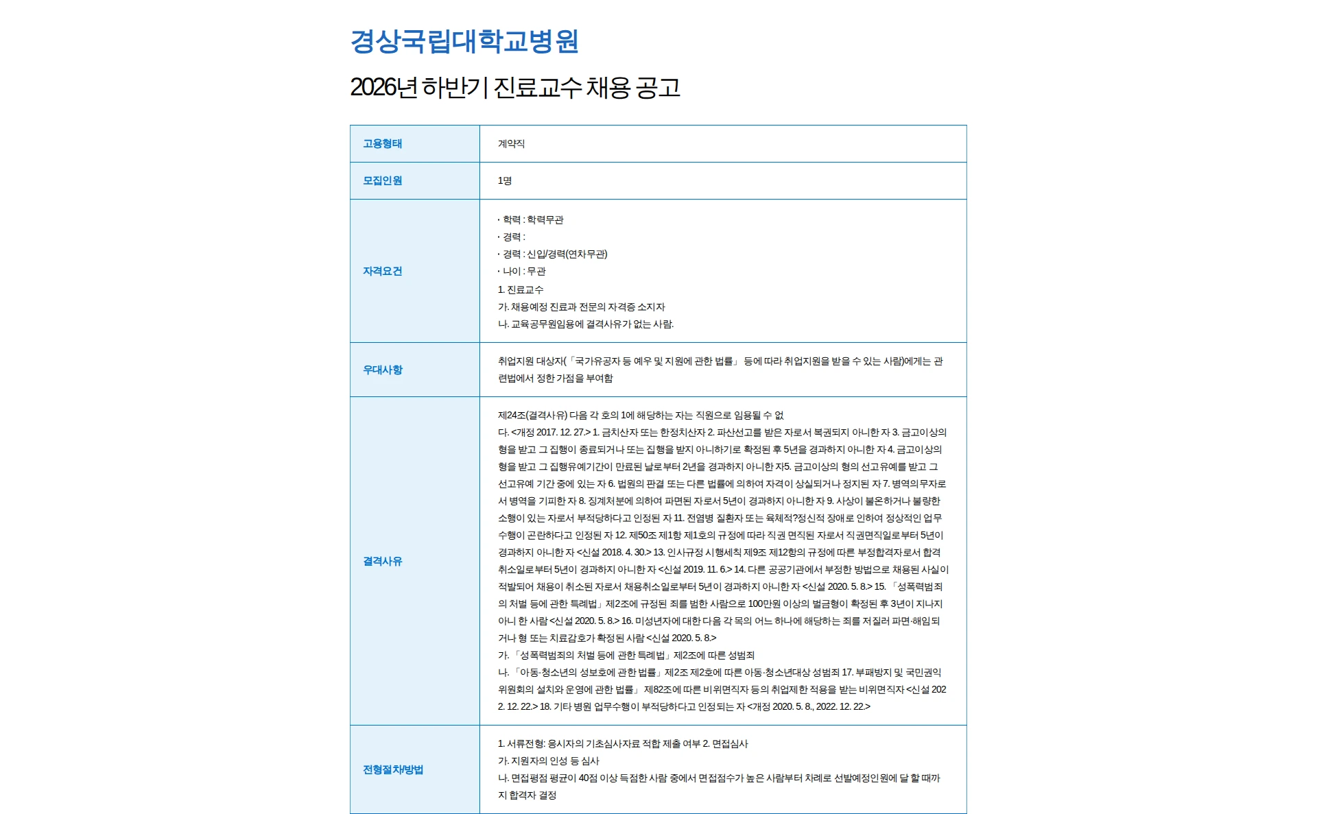 경상국립대학교병원 2026년 하반기 진료교수 채용 공고 채용공고