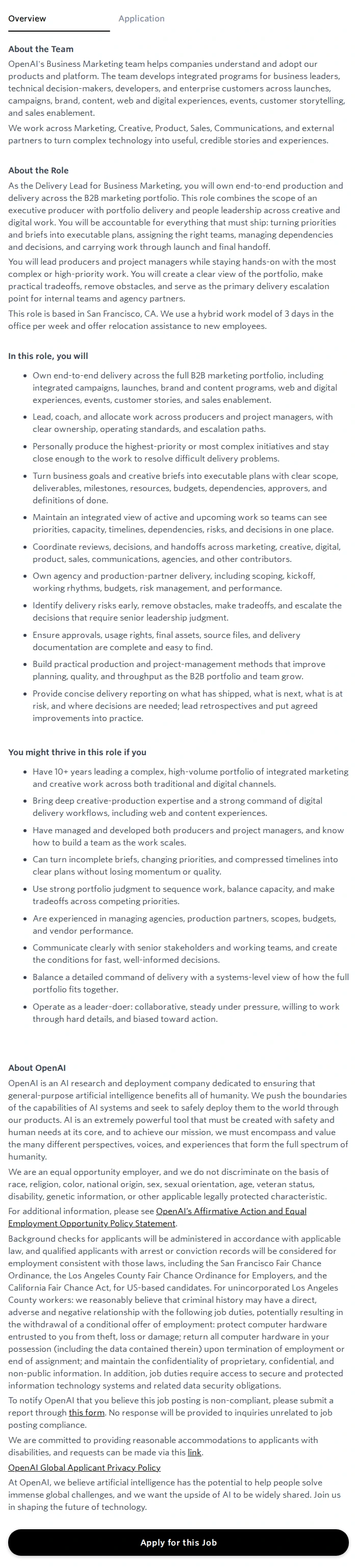 오픈에이아이(OpenAI) Creative Delivery Director, Business Marketing 채용공고