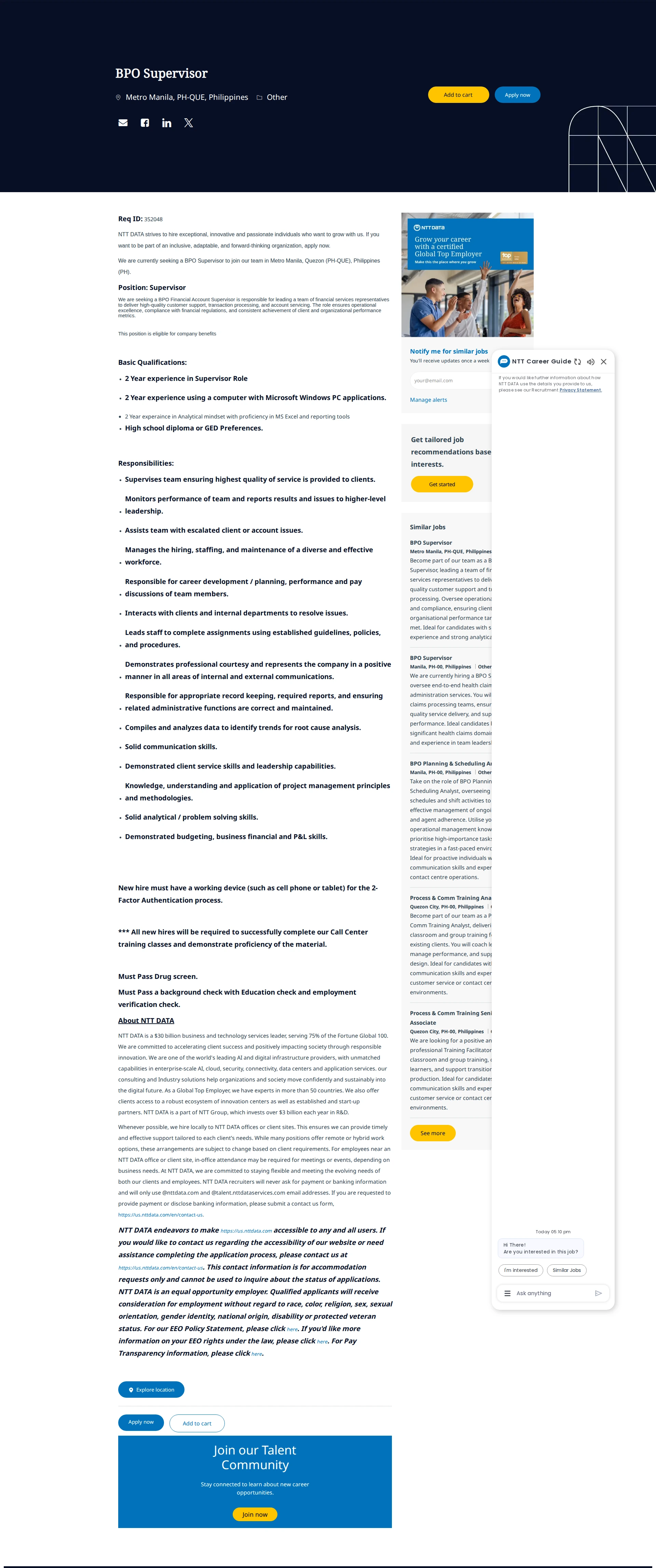 NTT데이터 BPO Supervisor 채용공고